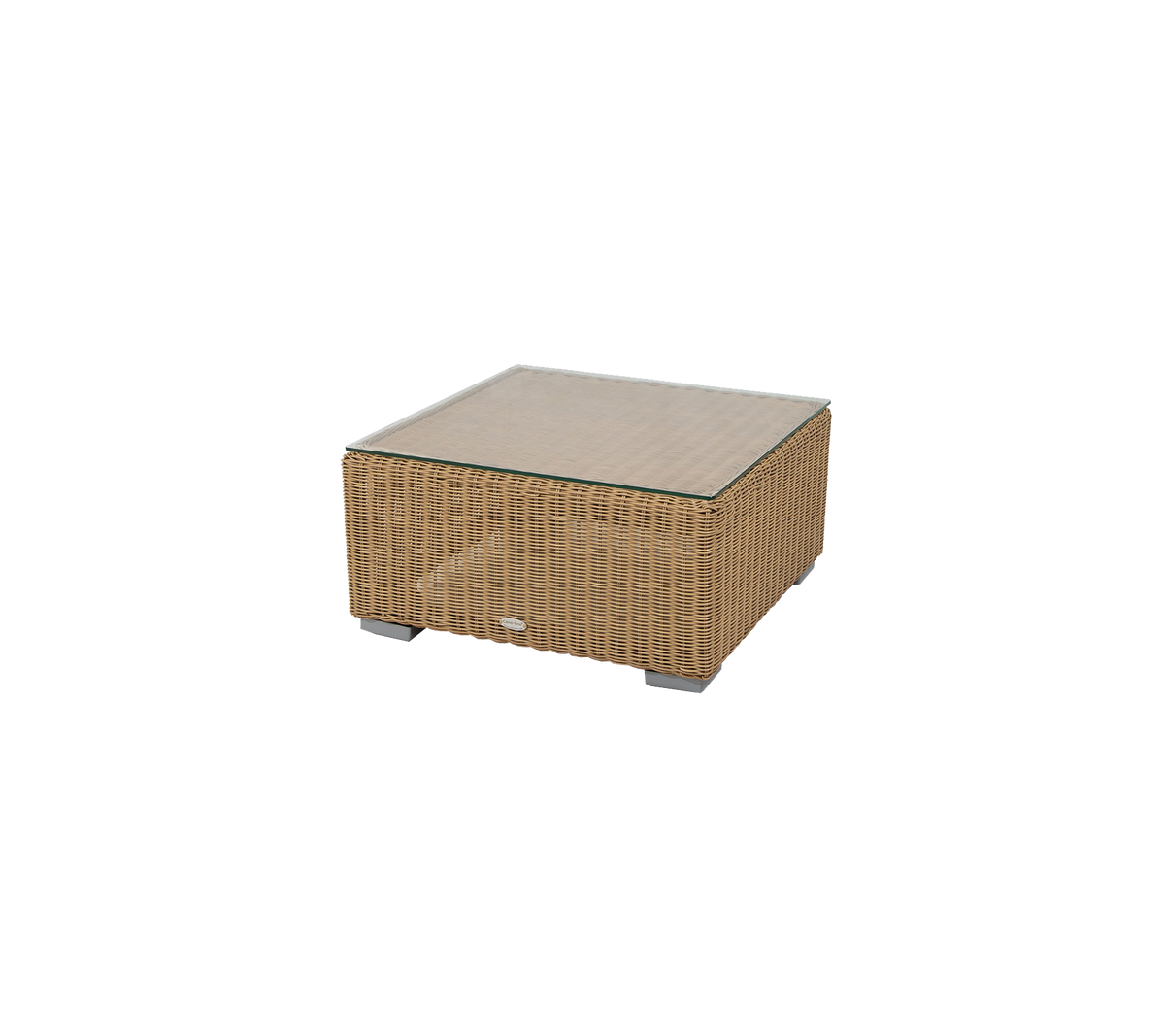 Mesa de café cuadrada con un diseño trenzado y una tapa de vidrio, ideal para una decoración estilosa en diversos entornos.