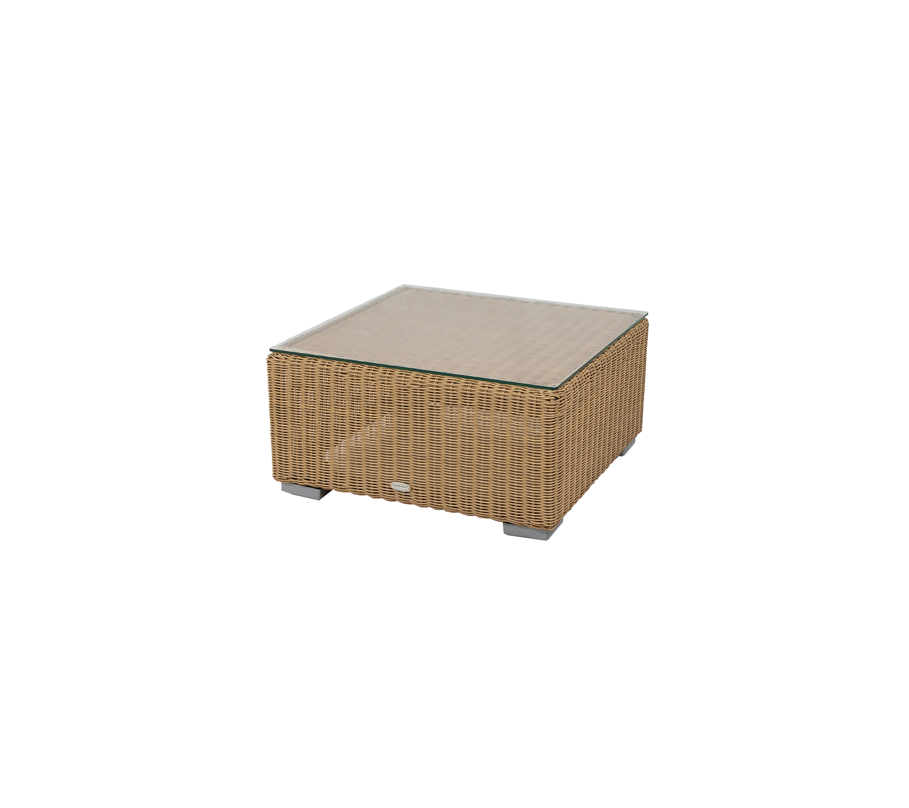 Mesa de café cuadrada con un diseño trenzado y una tapa de vidrio, ideal para una decoración estilosa en diversos entornos.