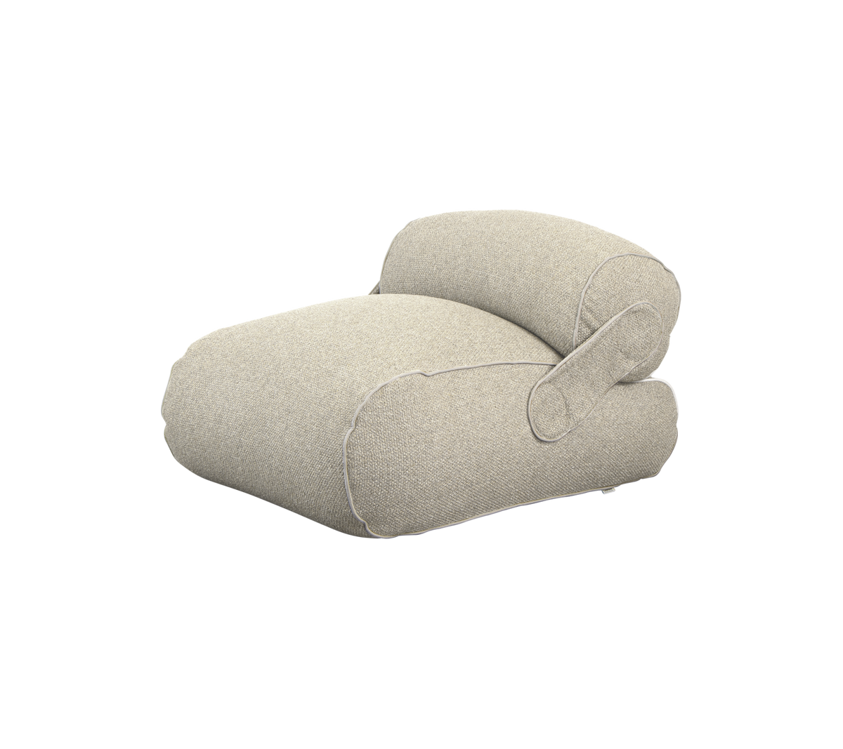 Cojín acogedor y moderno con un diseño redondeado y reposabrazos, tapizado en una suave y clara tela para comodidad y estilo.