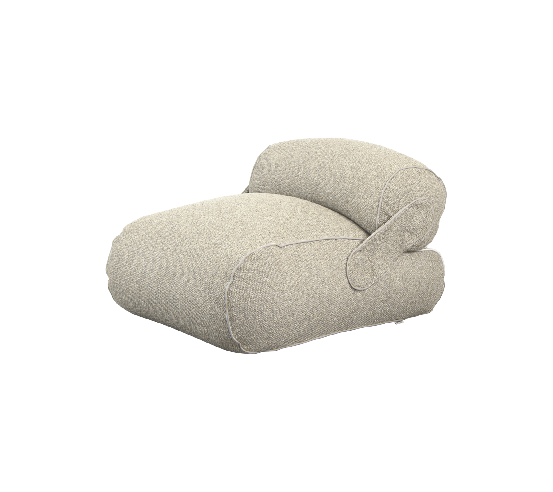 Cojín acogedor y moderno con un diseño redondeado y reposabrazos, tapizado en una suave y clara tela para comodidad y estilo.