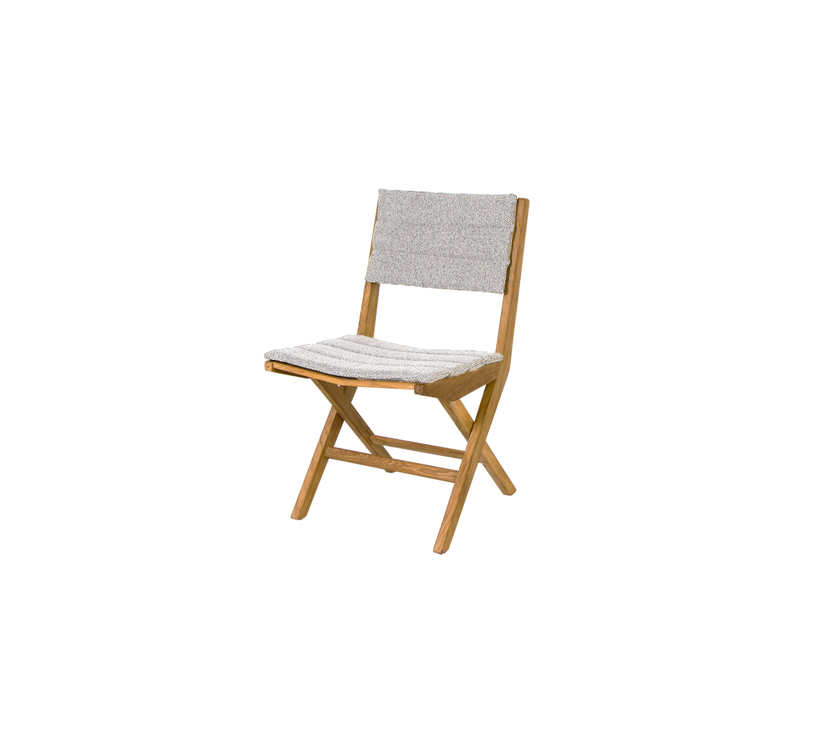 Silla plegable con estructura de madera y asiento y respaldo de tela texturizada, combinando funcionalidad y estilo para un uso versátil.