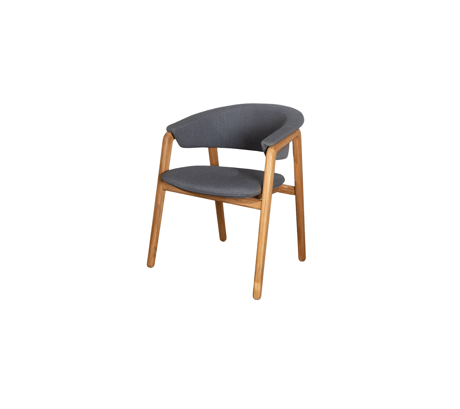 Silla elegante con asiento de tela gris y respaldo curvado, apoyada en patas de madera natural, que ofrece comodidad moderna y atractivo estético.