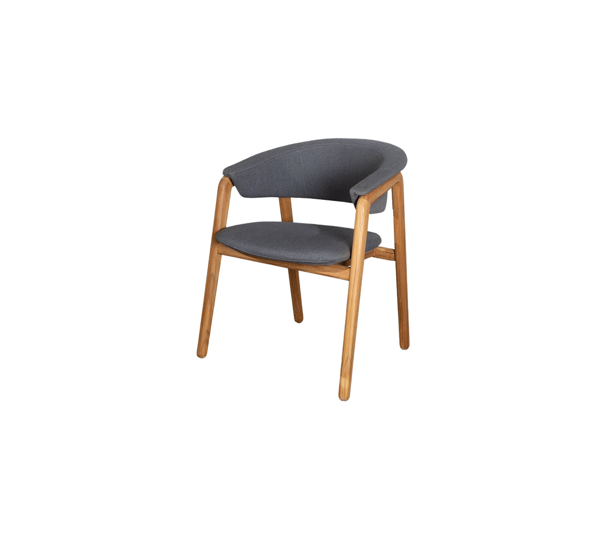 Silla elegante con asiento de tela gris y respaldo curvado, apoyada en patas de madera natural, que ofrece comodidad moderna y atractivo estético.