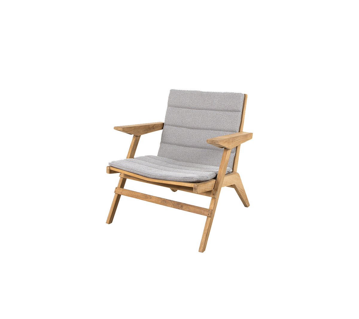 Silla lounge elegante con estructura de madera y suaves cojines grises, diseñada para la comodidad y la estética moderna.