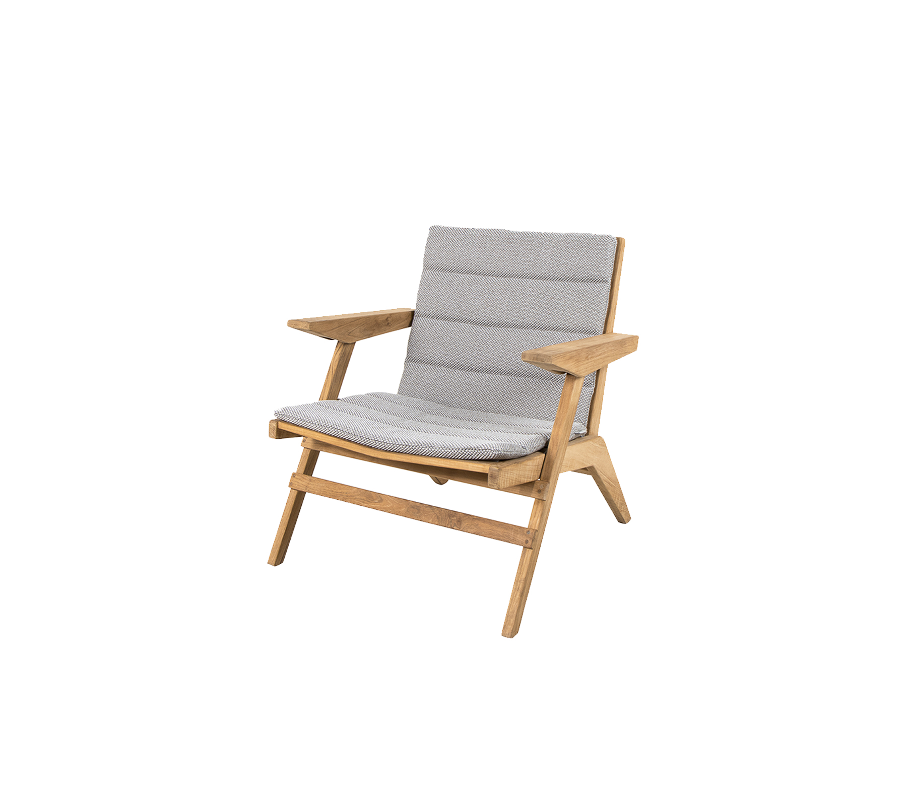 Silla lounge elegante con estructura de madera y suaves cojines grises, diseñada para la comodidad y la estética moderna.