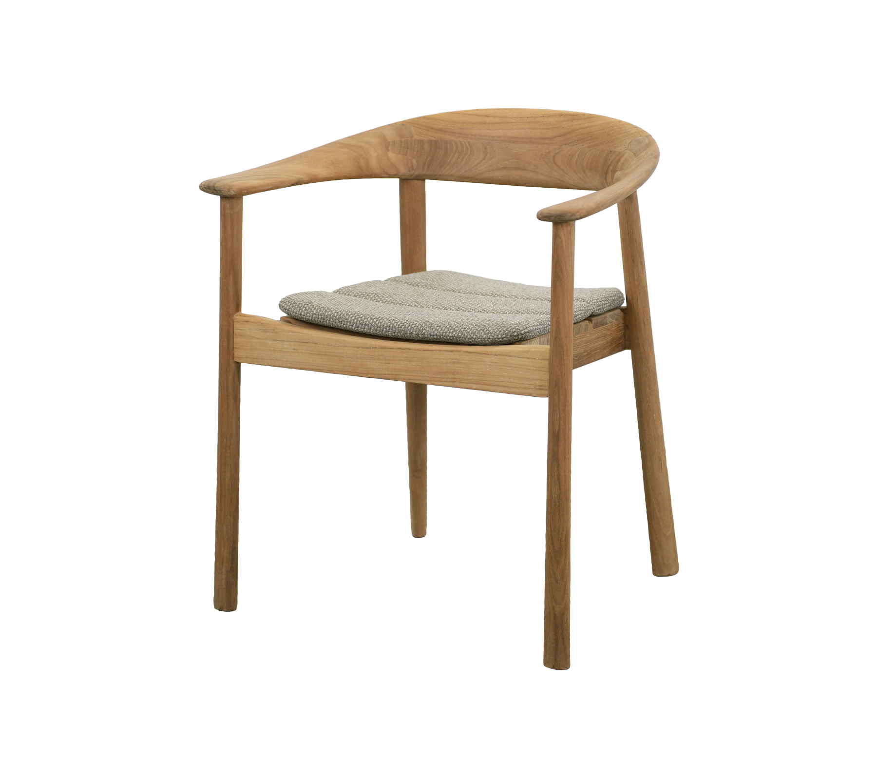 Silla de teca con cojín gris en un diseño moderno.