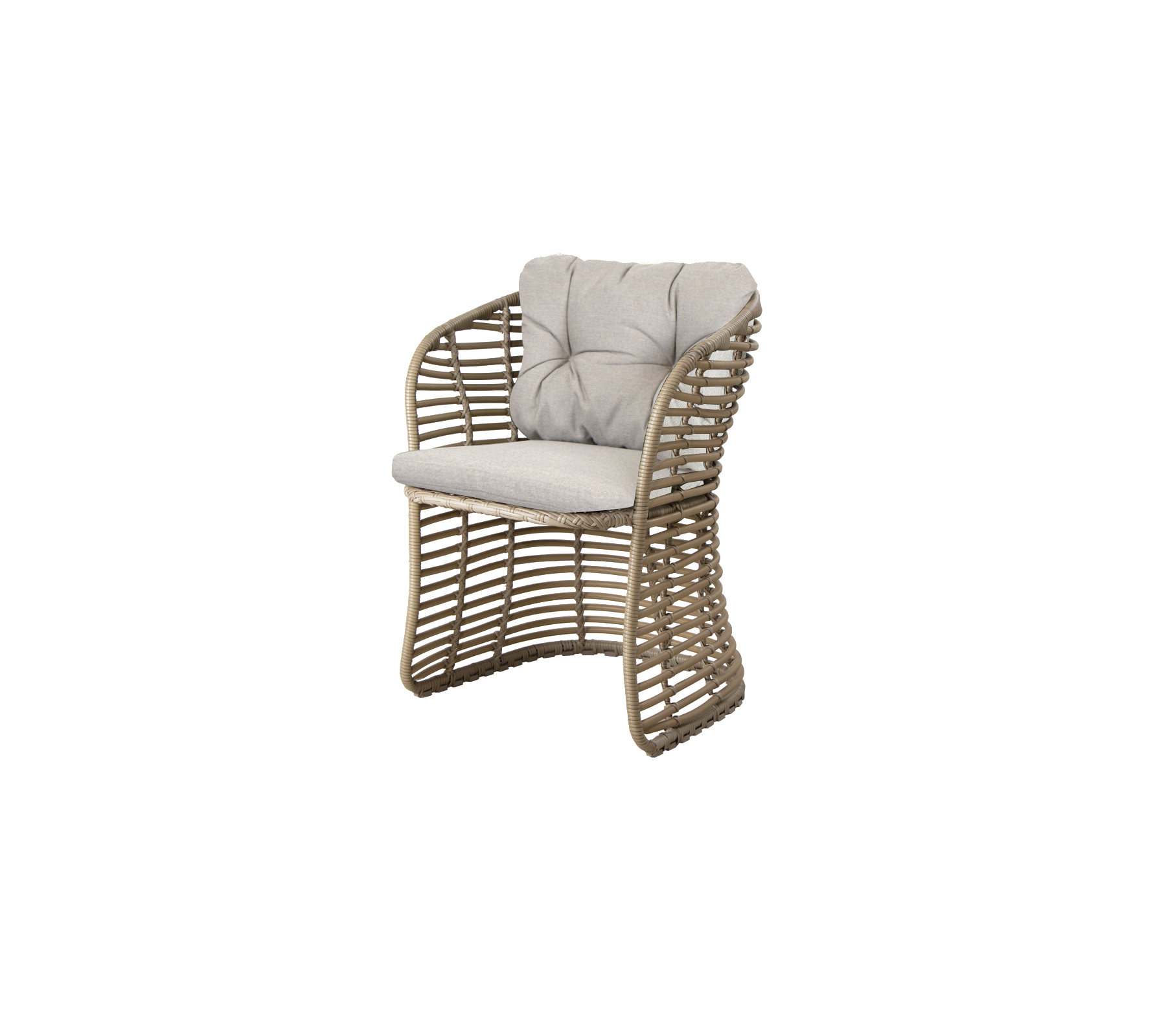 Silla tejida elegante con asiento y respaldo acolchados en un color neutro, perfecta para arreglos de asientos modernos.
