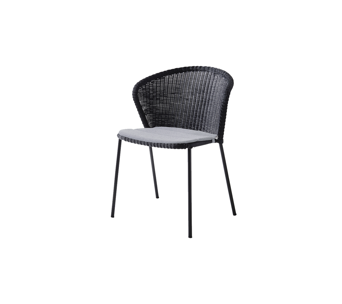 Silla negra elegante con un diseño entrelazado y un asiento cómodo de color claro. Ideal para una decoración moderna y asientos informales.