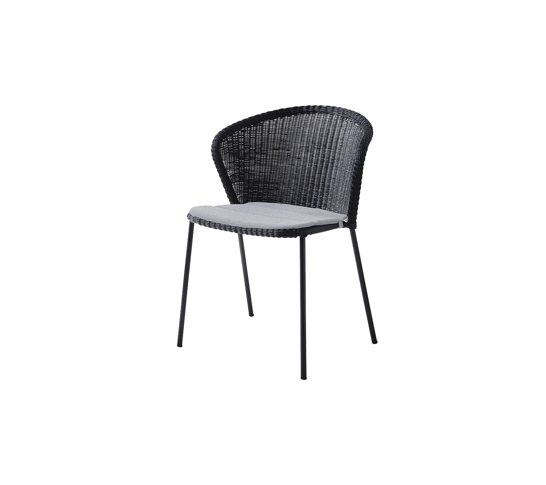 Silla negra elegante con un diseño entrelazado y un asiento cómodo de color claro. Ideal para una decoración moderna y asientos informales.