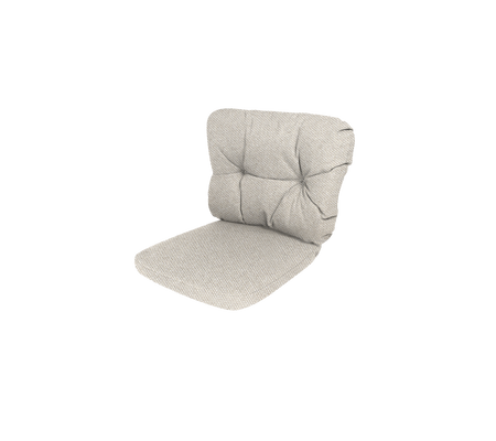 Almohadilla acolchada para silla con un tejido texturizado de color claro y diseño con botones para mayor comodidad y soporte.