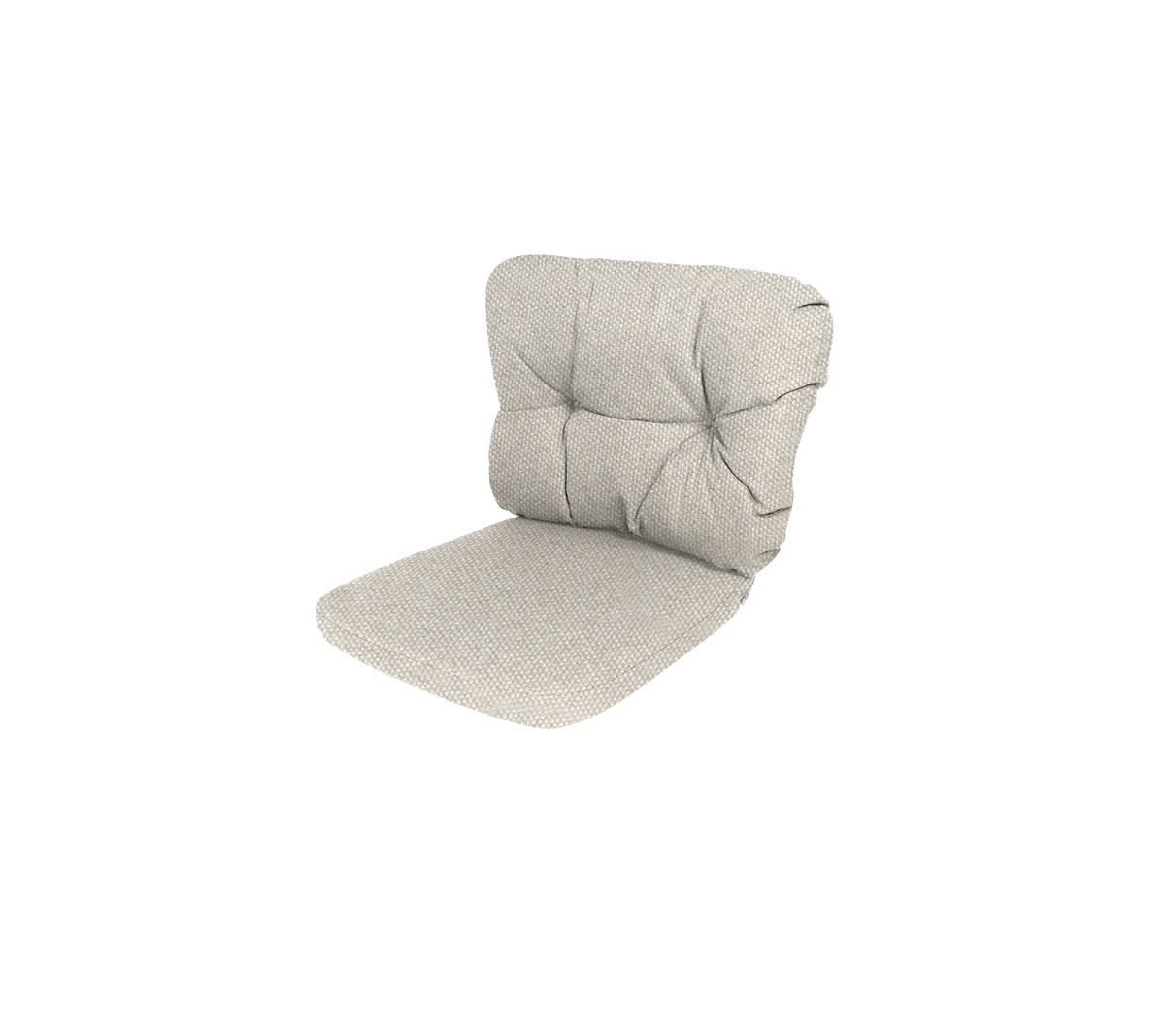 Almohadilla acolchada para silla con un tejido texturizado de color claro y diseño con botones para mayor comodidad y soporte.