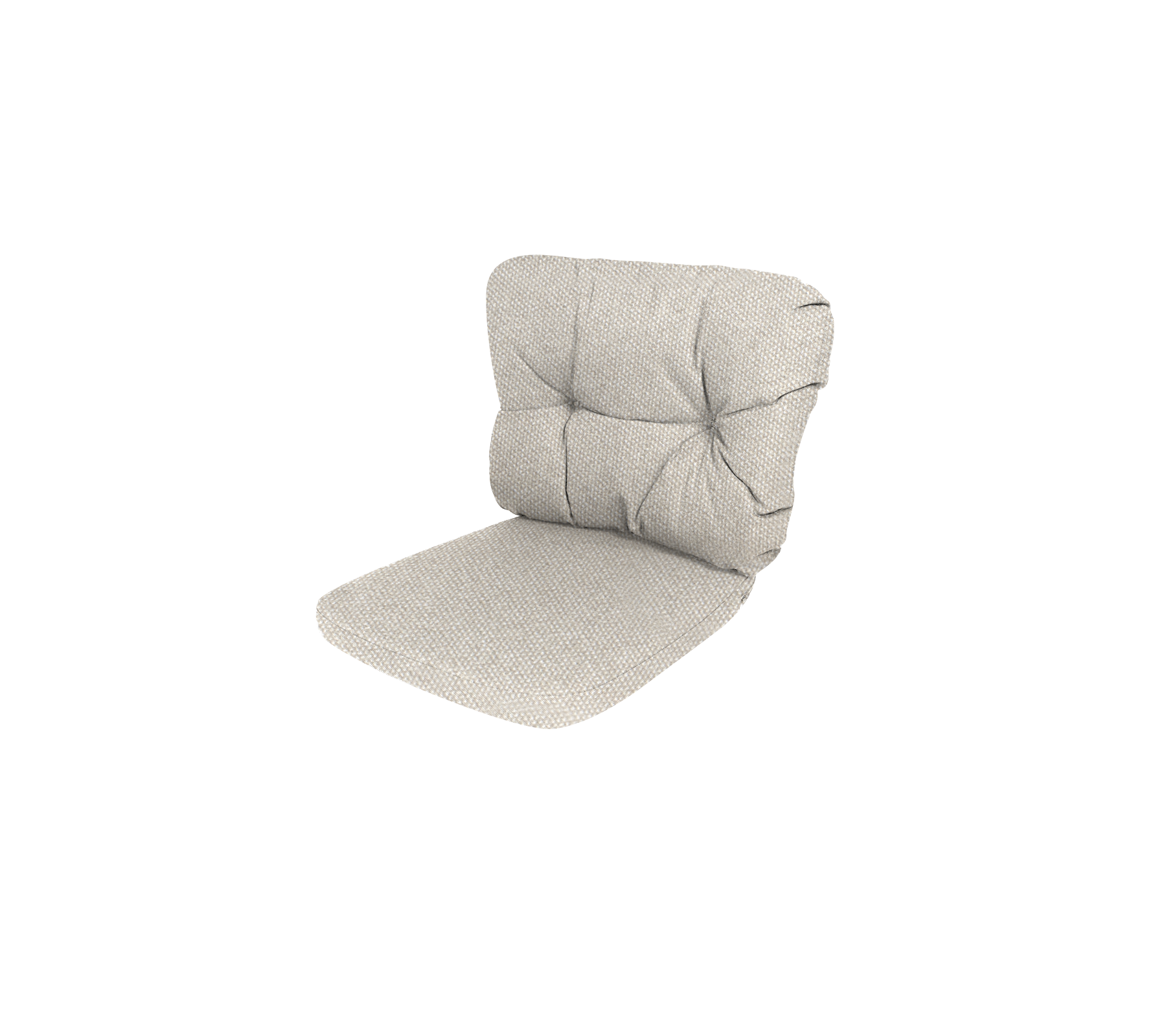 Almohadilla acolchada para silla con un tejido texturizado de color claro y diseño con botones para mayor comodidad y soporte.