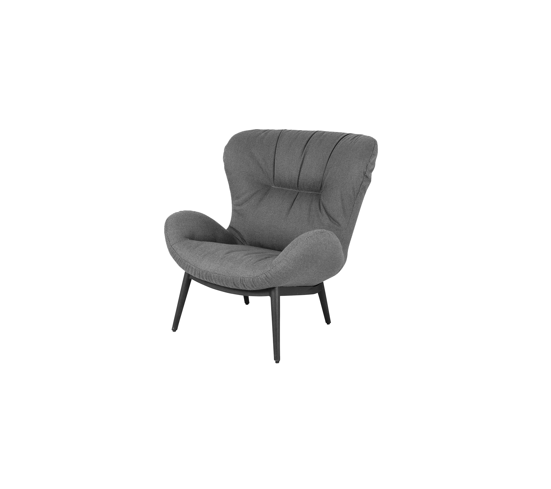 Silla de acento gris acogedora con un diseño curvo y suave y cuatro patas delgadas, que agrega un toque moderno a cualquier espacio.