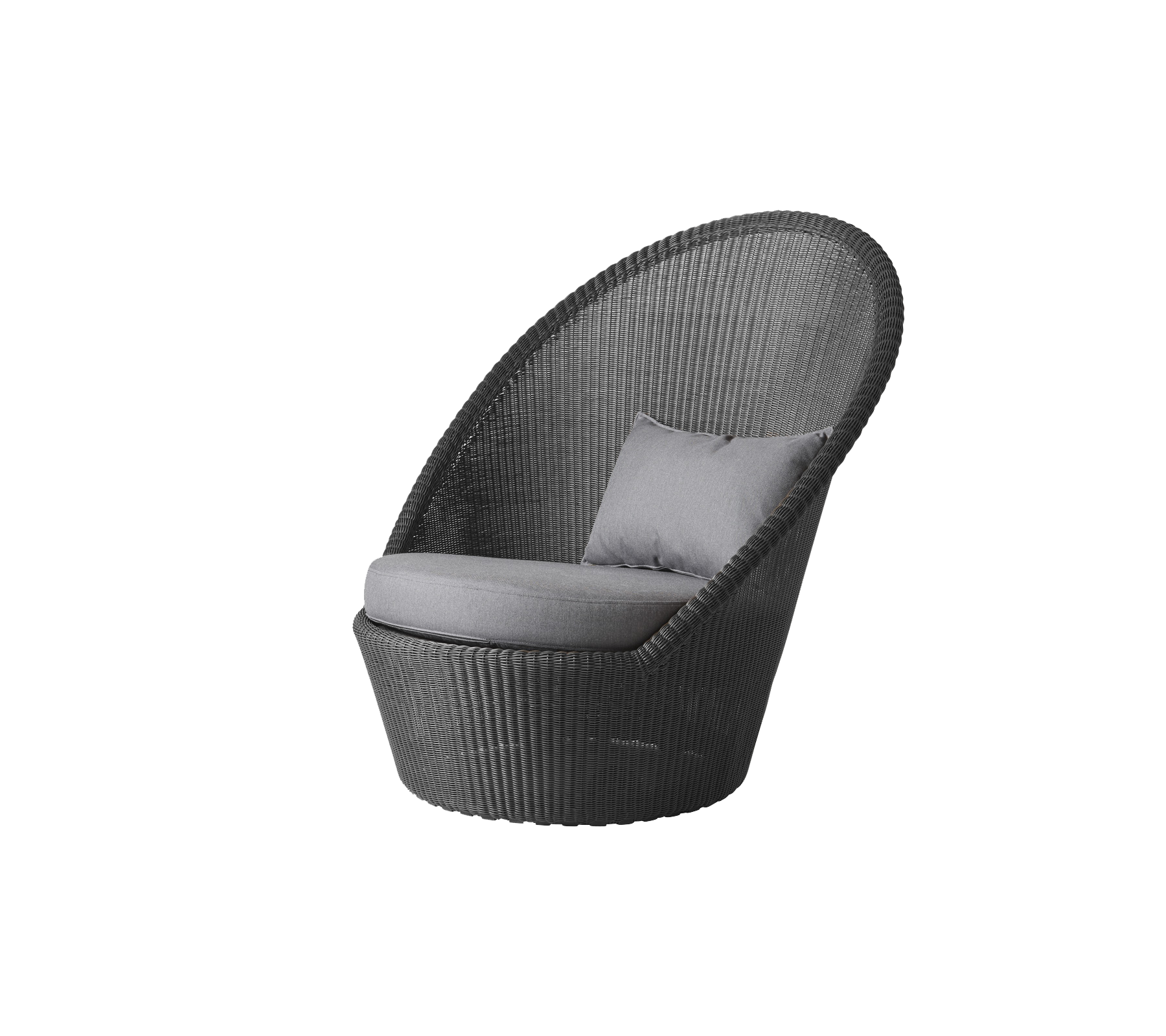 Silla elegante con un diseño curvado, que cuenta con un cojín cómodo y una textura tejida en un color gris suave. Ideal para relajarse.