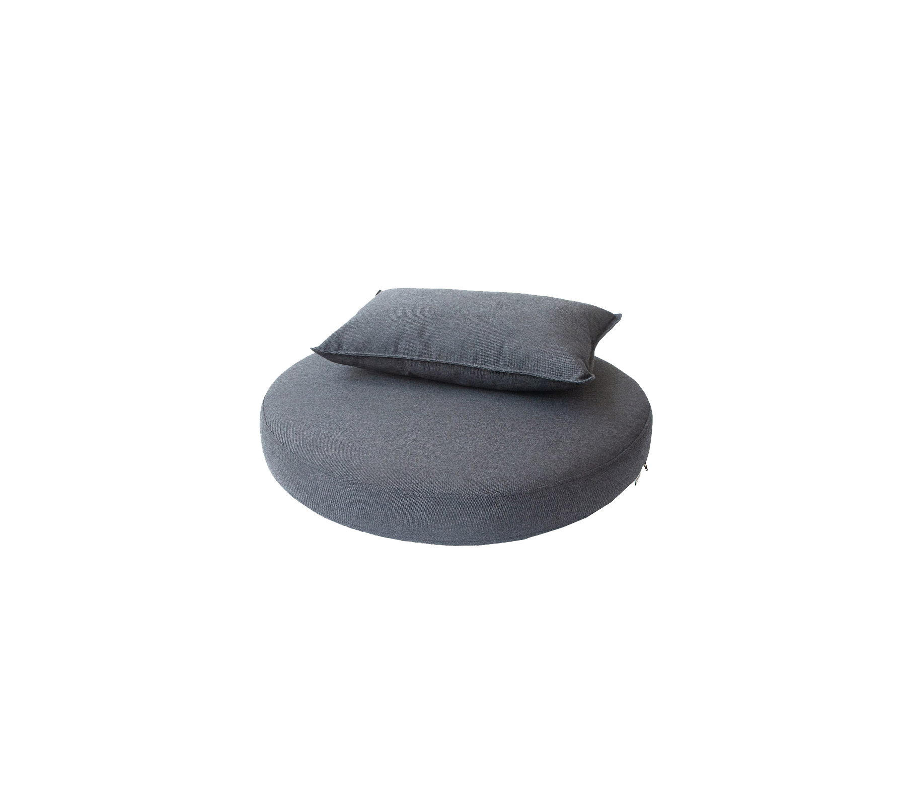 Cojín redondo en una tela gris oscuro, rematado con una almohada rectangular más pequeña, diseñado para comodidad y relajación.