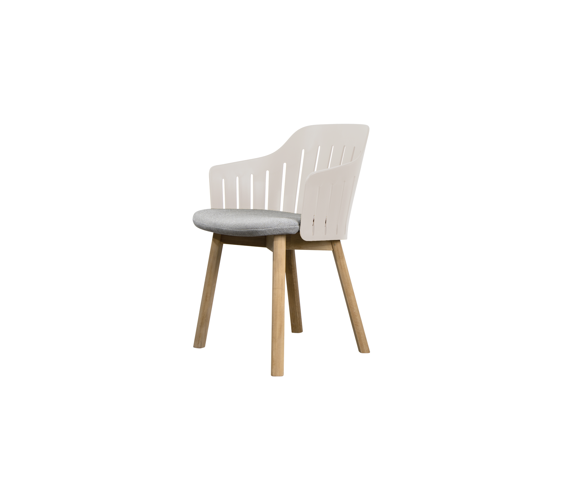 Silla blanca moderna con un cojín gris.