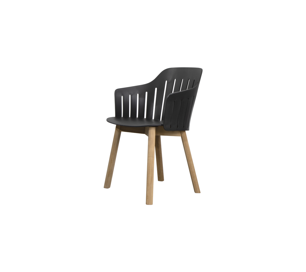 Silla elegante y moderna con asiento moldeado, respaldo de listones y patas de madera para estilo y comodidad.