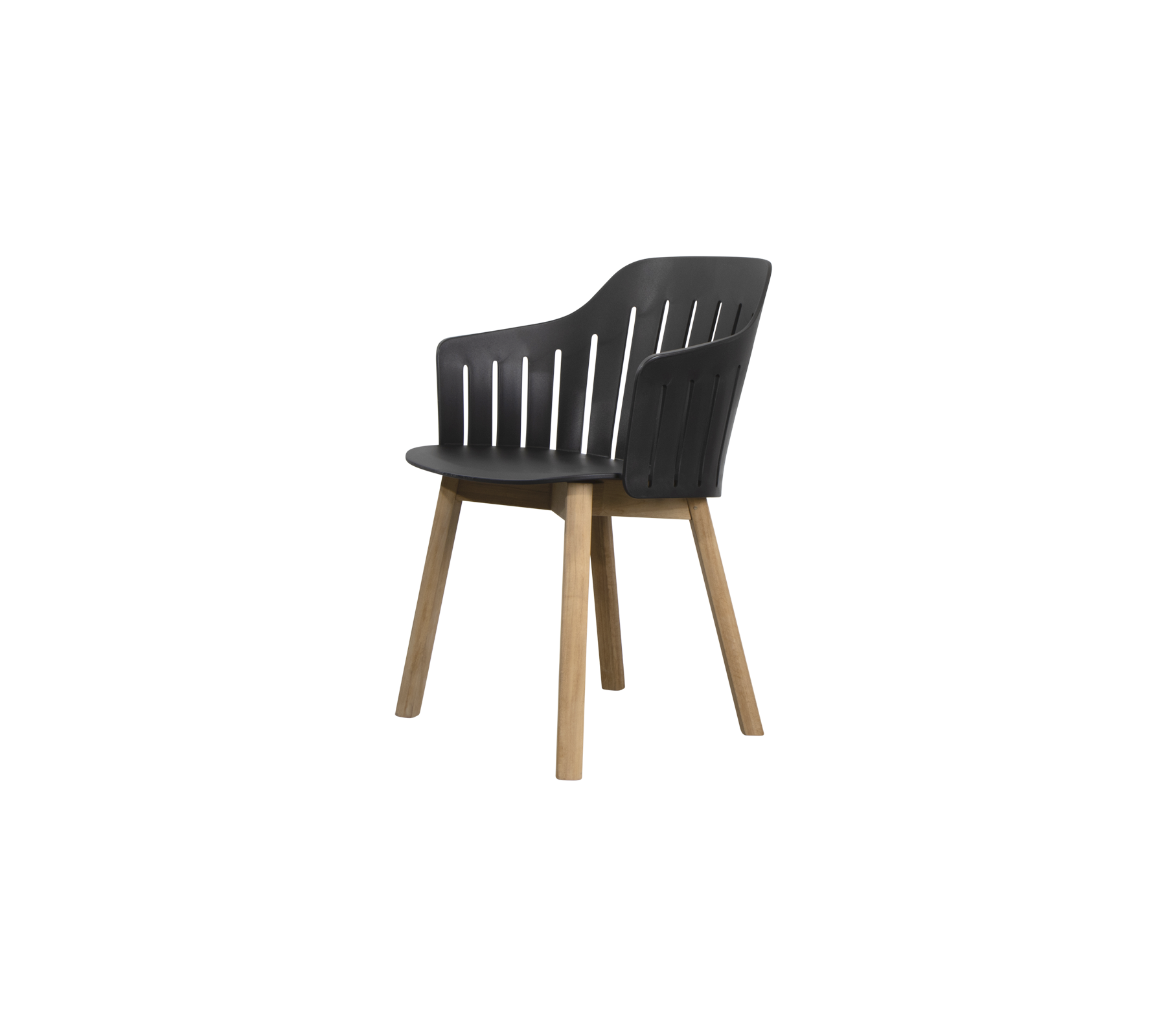 Silla elegante y moderna con asiento moldeado, respaldo de listones y patas de madera para estilo y comodidad.