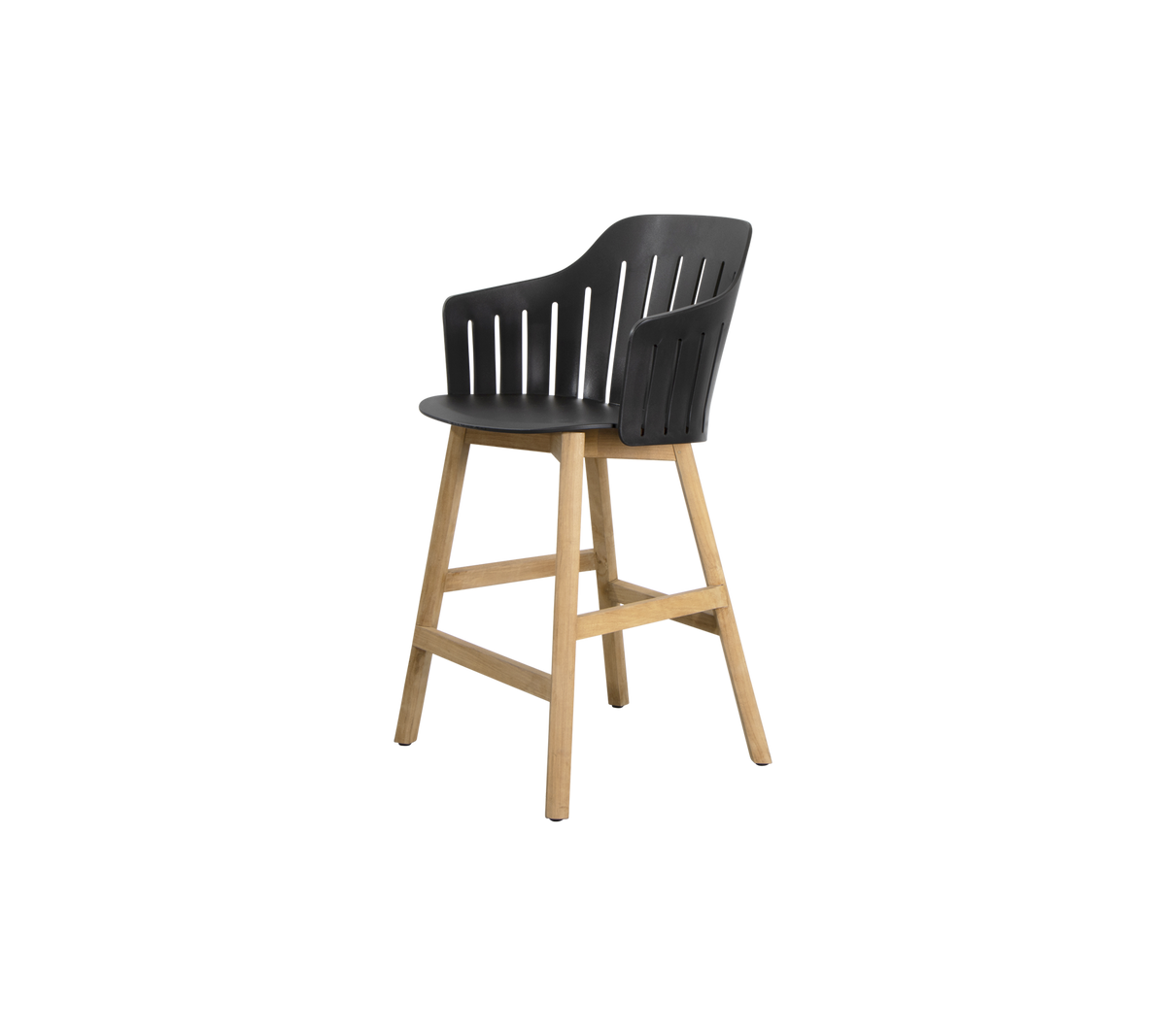 Silla alta elegante con un asiento negro elegante y patas de madera natural, que ofrece una opción de asiento moderna y cómoda.