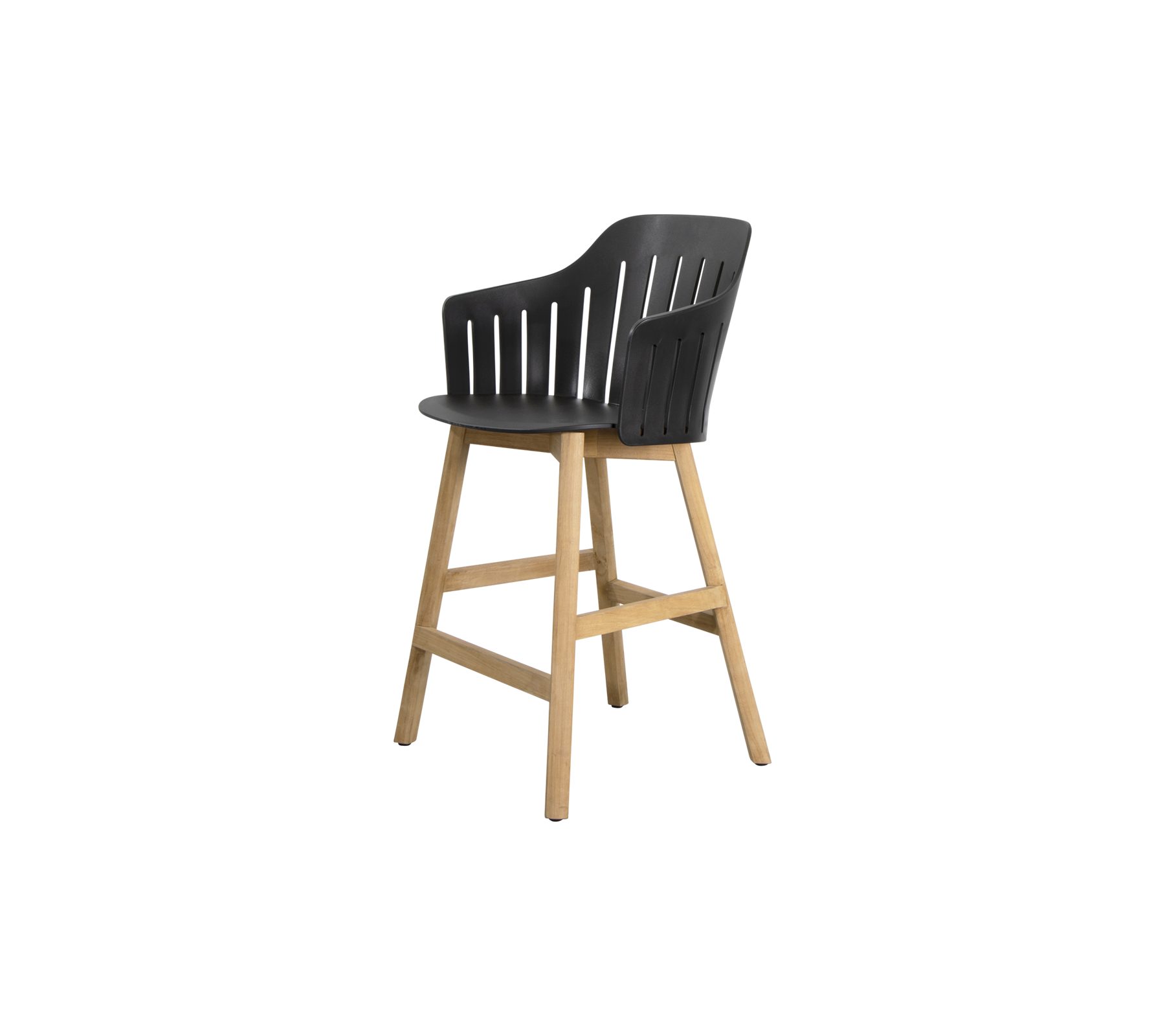 Silla alta elegante con un asiento negro elegante y patas de madera natural, que ofrece una opción de asiento moderna y cómoda.