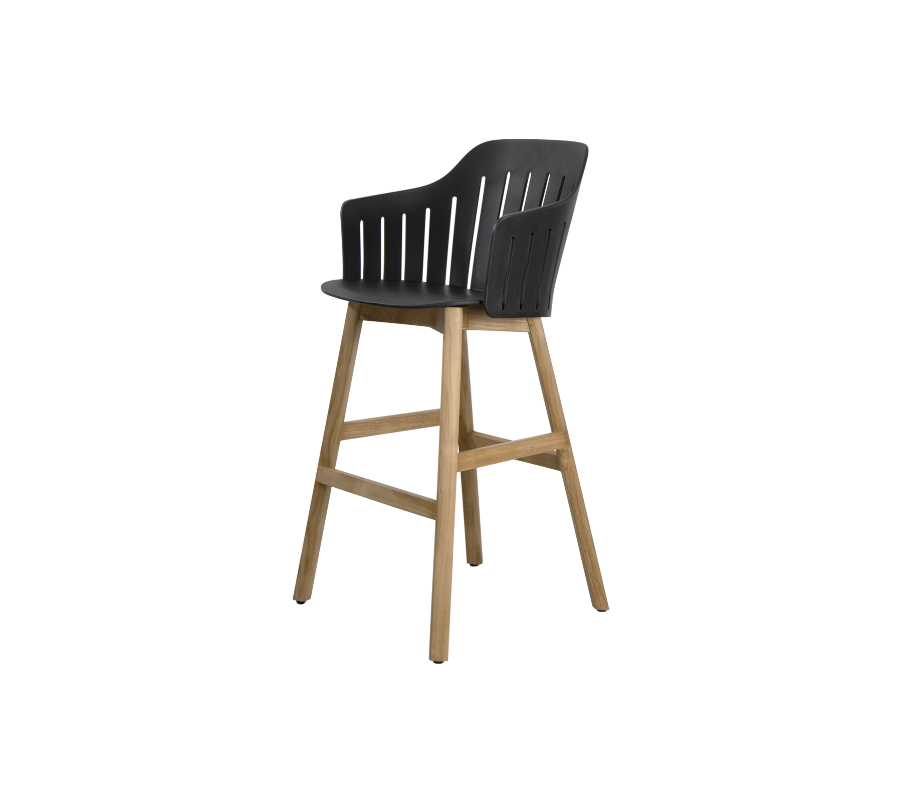 Silla alta elegante con un asiento negro y elegante con listones verticales y un marco de madera natural para un toque moderno. Perfecta para espacios de comedor.