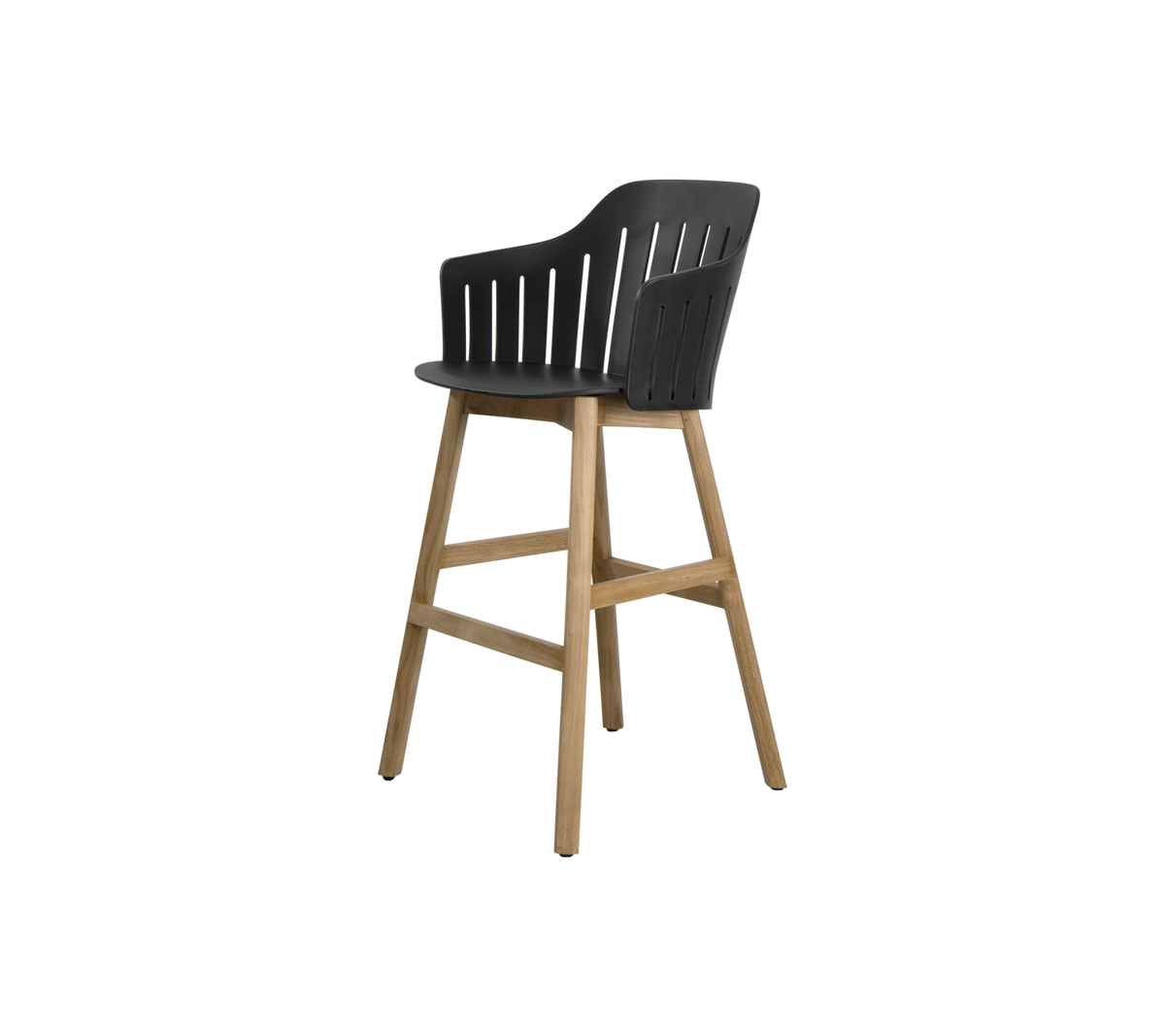 Silla alta elegante con un asiento negro y elegante con listones verticales y un marco de madera natural para un toque moderno. Perfecta para espacios de comedor.