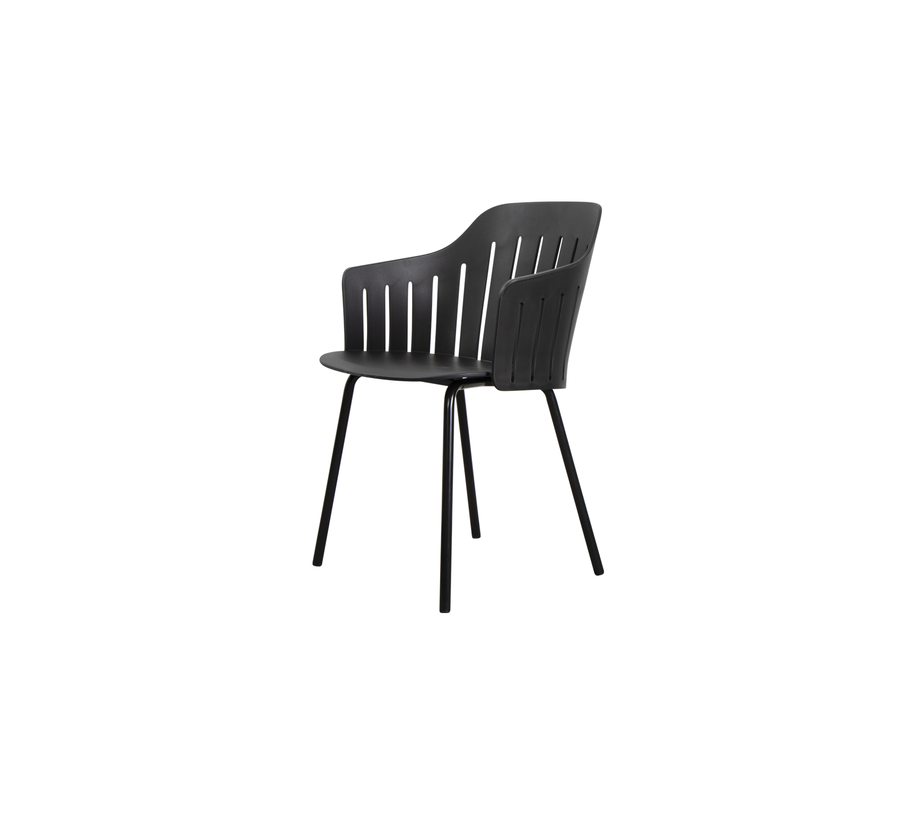 Silla negra elegante con un diseño de respaldo de listones, que cuenta con patas duraderas para estabilidad y una forma ergonómica para mayor comodidad.