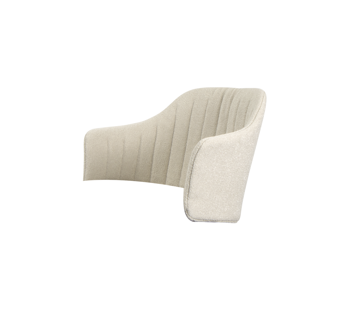 Silla tapizada contemporánea con un diseño suave y curvado y costuras verticales, que ofrece una estética moderna y comodidad.