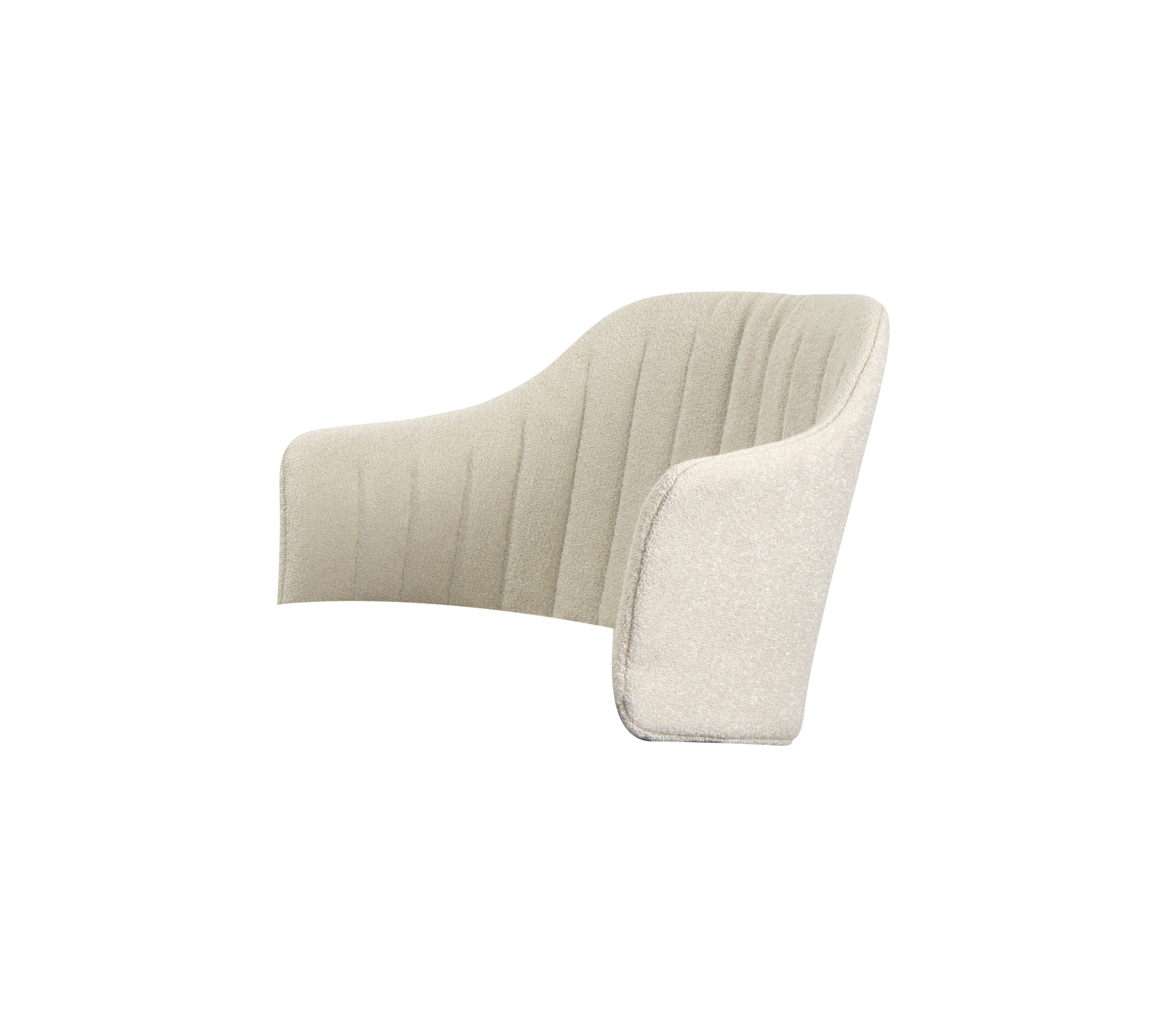 Silla tapizada contemporánea con un diseño suave y curvado y costuras verticales, que ofrece una estética moderna y comodidad.