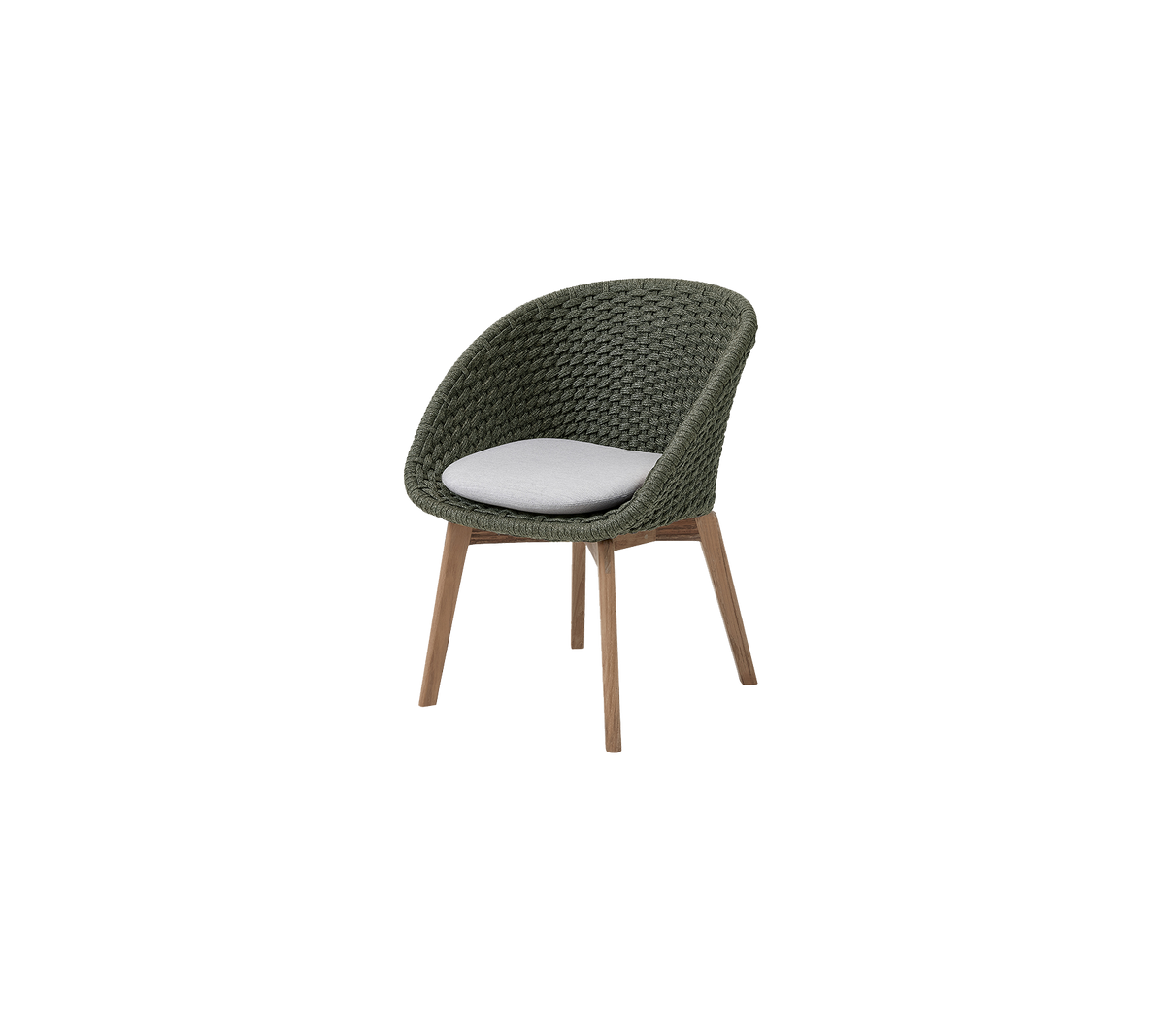 Silla elegante con un área de asiento verde texturizada y un cómodo cojín blanco, soportada por patas de madera elegantes.