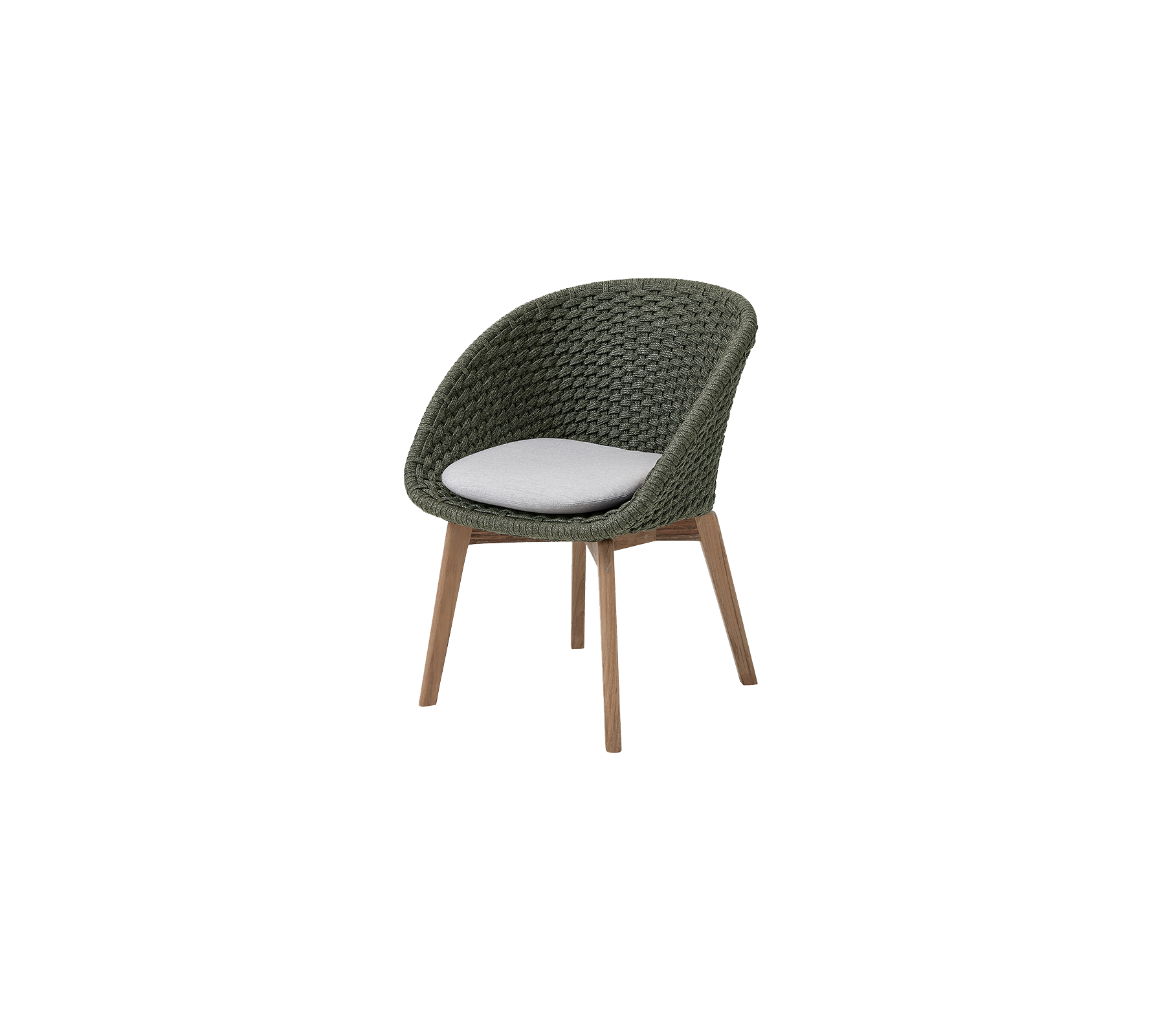 Silla elegante con un área de asiento verde texturizada y un cómodo cojín blanco, soportada por patas de madera elegantes.