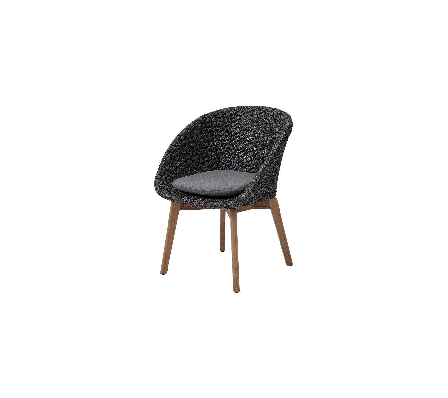 Silla elegante con un diseño tejido y un asiento acolchado, complementada con patas de madera para mayor elegancia y comodidad.