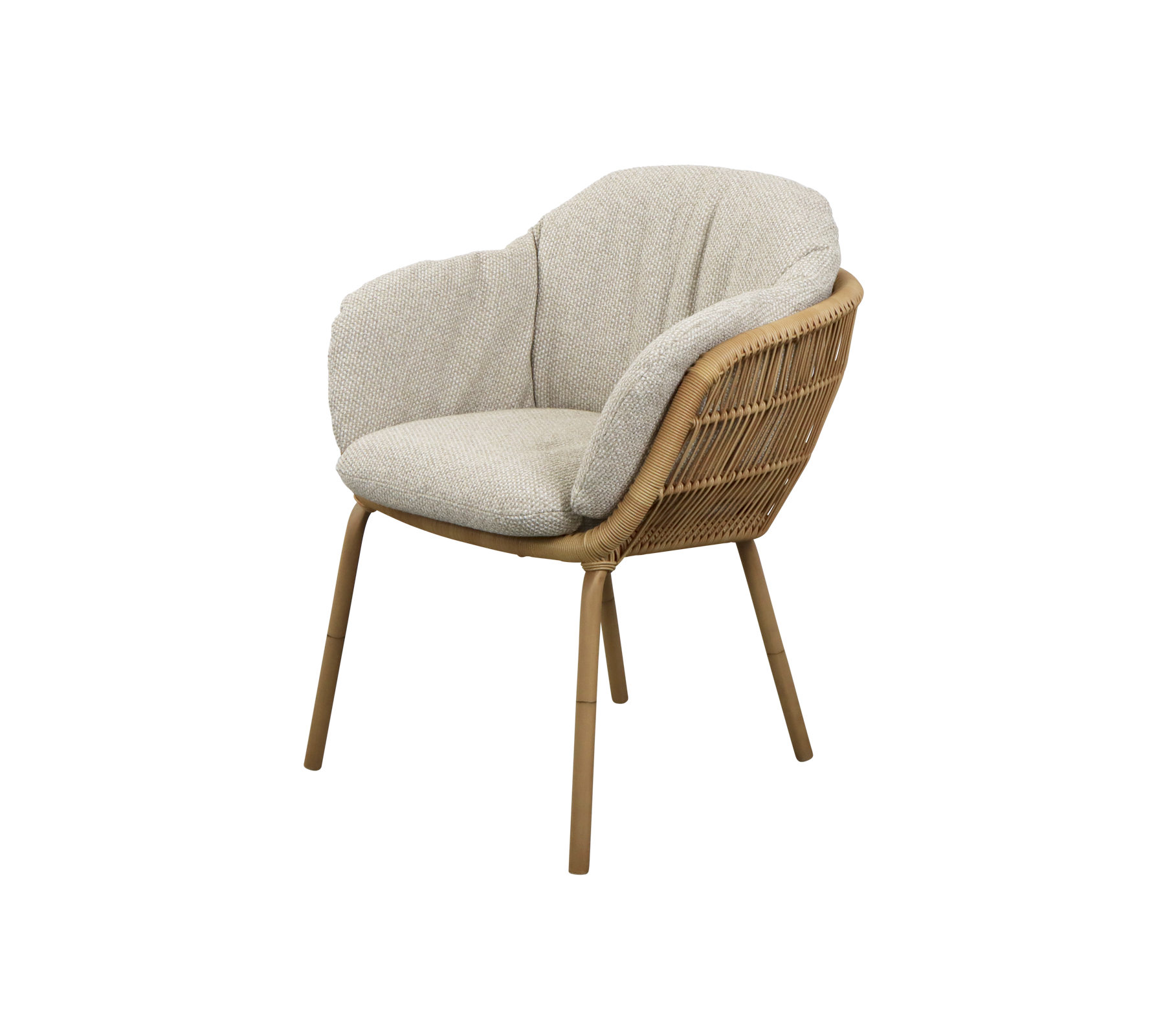 Silla curva elegante con un marco tejido y tapicería de tela suave, que ofrece comodidad y una estética moderna.