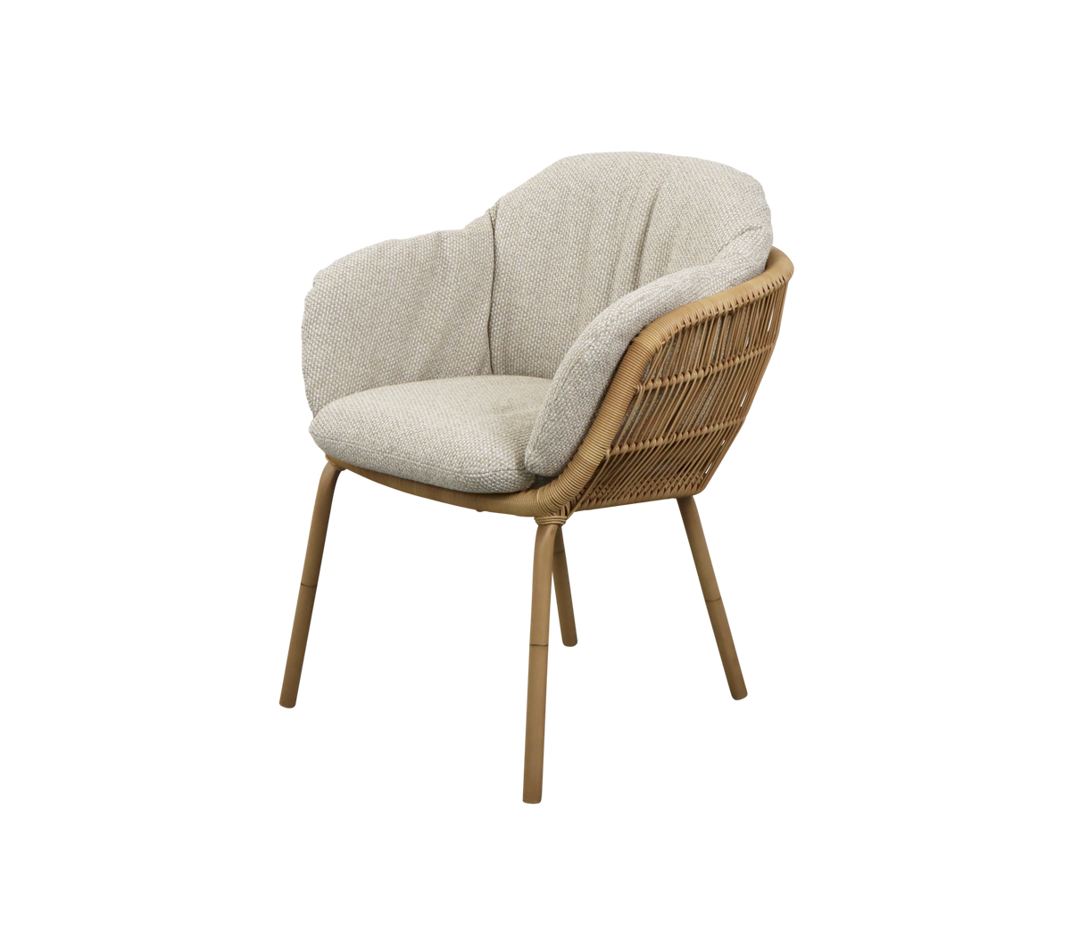 Silla curva elegante con un marco tejido y tapicería de tela suave, que ofrece comodidad y una estética moderna.