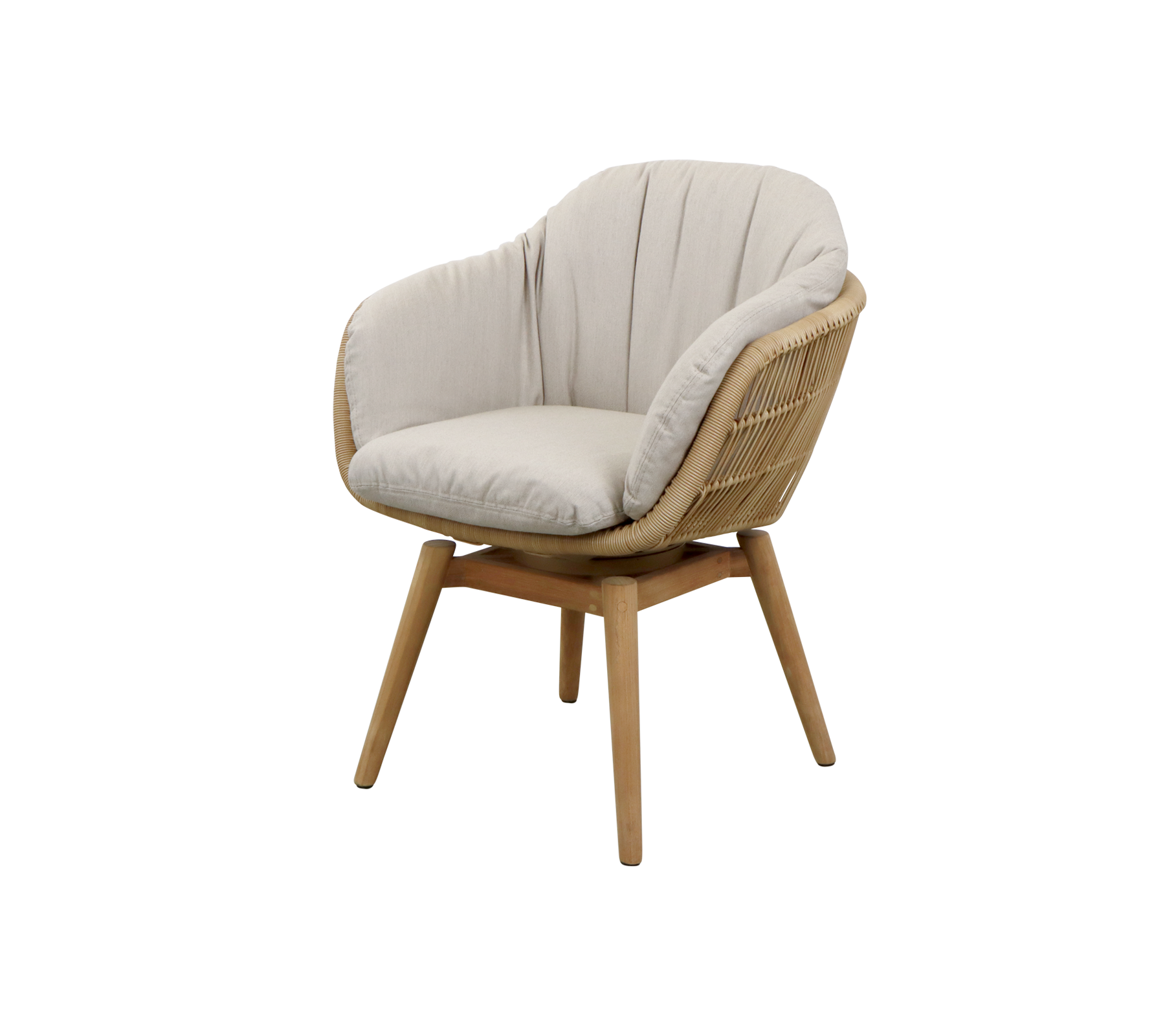 Una silla elegante con un respaldo curvado, tapicería suave en color crema y un marco de madera natural para un aspecto moderno y acogedor.
