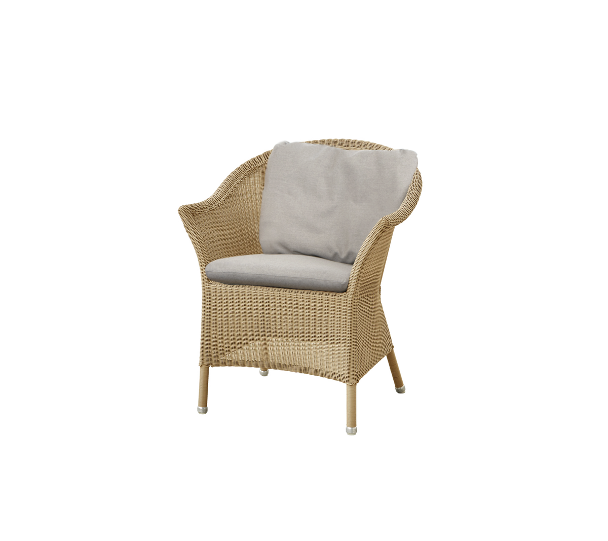 Silla tejida con un cómodo cojín gris, que presenta un diseño elegante y ligero, adecuado para un asiento relajado.