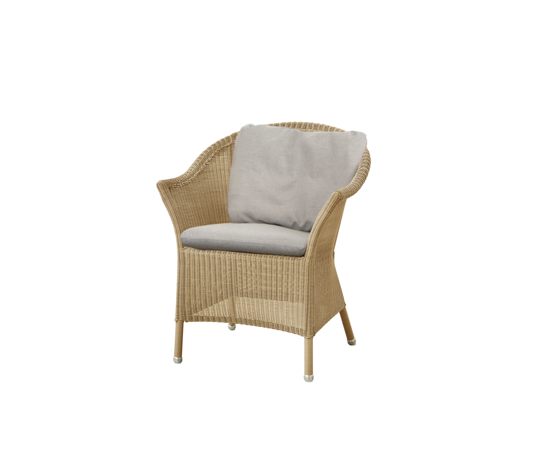 Silla tejida con un cómodo cojín gris, que presenta un diseño elegante y ligero, adecuado para un asiento relajado.