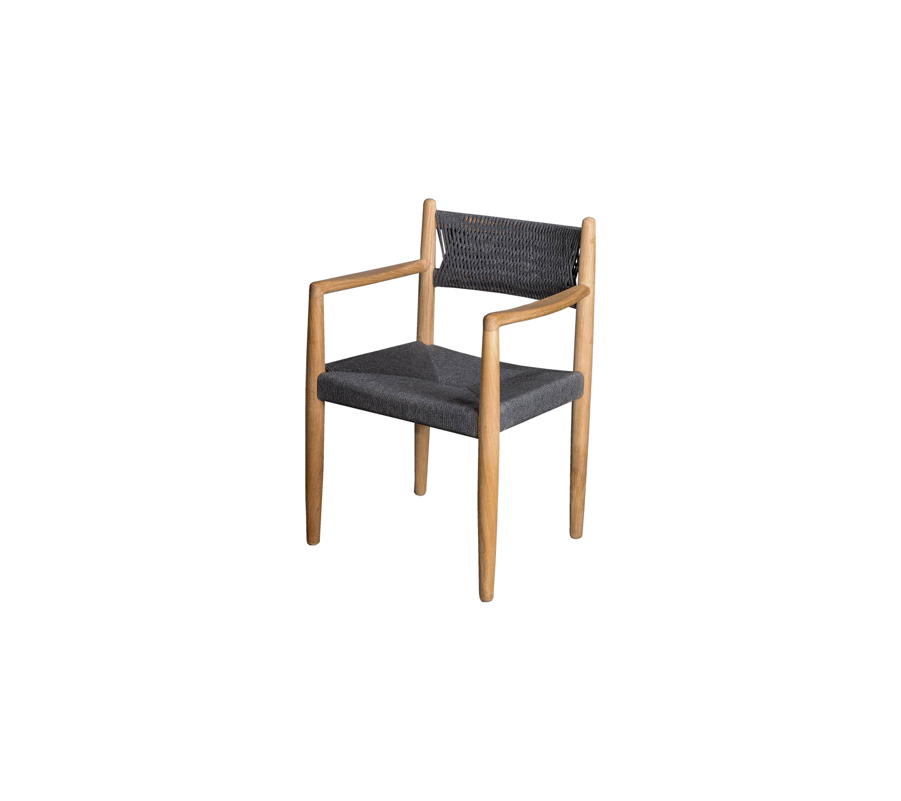 Silla elegante con marco de madera y tapizado de tela oscura, con reposabrazos y un diseño contemporáneo.