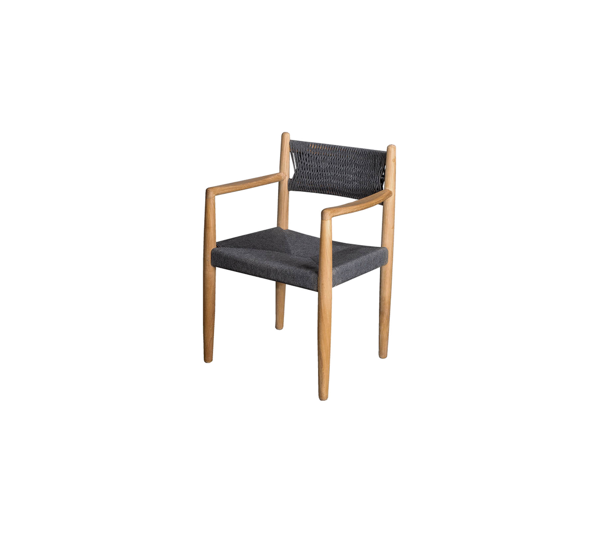 Silla elegante con marco de madera y tapizado de tela oscura, con reposabrazos y un diseño contemporáneo.