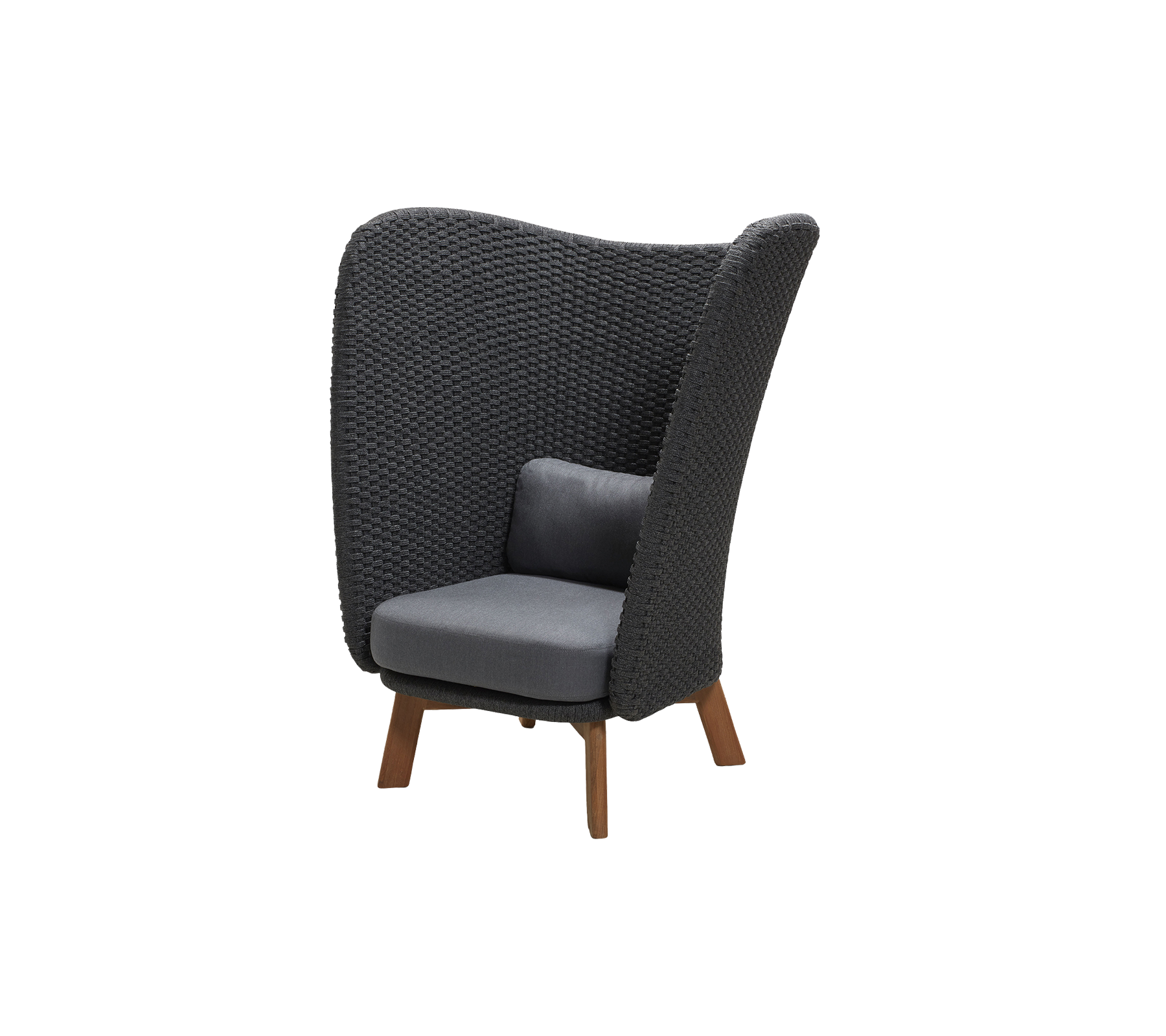 Silla elegante con un respaldo alto tejido y un cómodo cojín gris, con patas de madera para un toque moderno.
