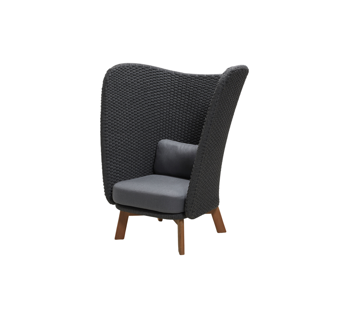 Silla elegante con un respaldo alto tejido y un cómodo cojín gris, con patas de madera para un toque moderno.