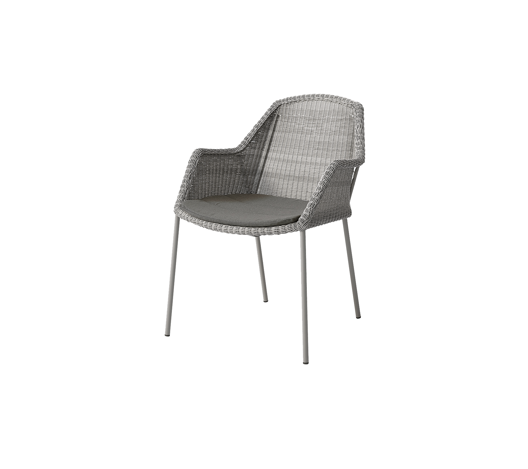 Una silla moderna con un diseño tejido y un asiento acolchado, apoyada por patas de metal elegantes en un tono gris neutro.
