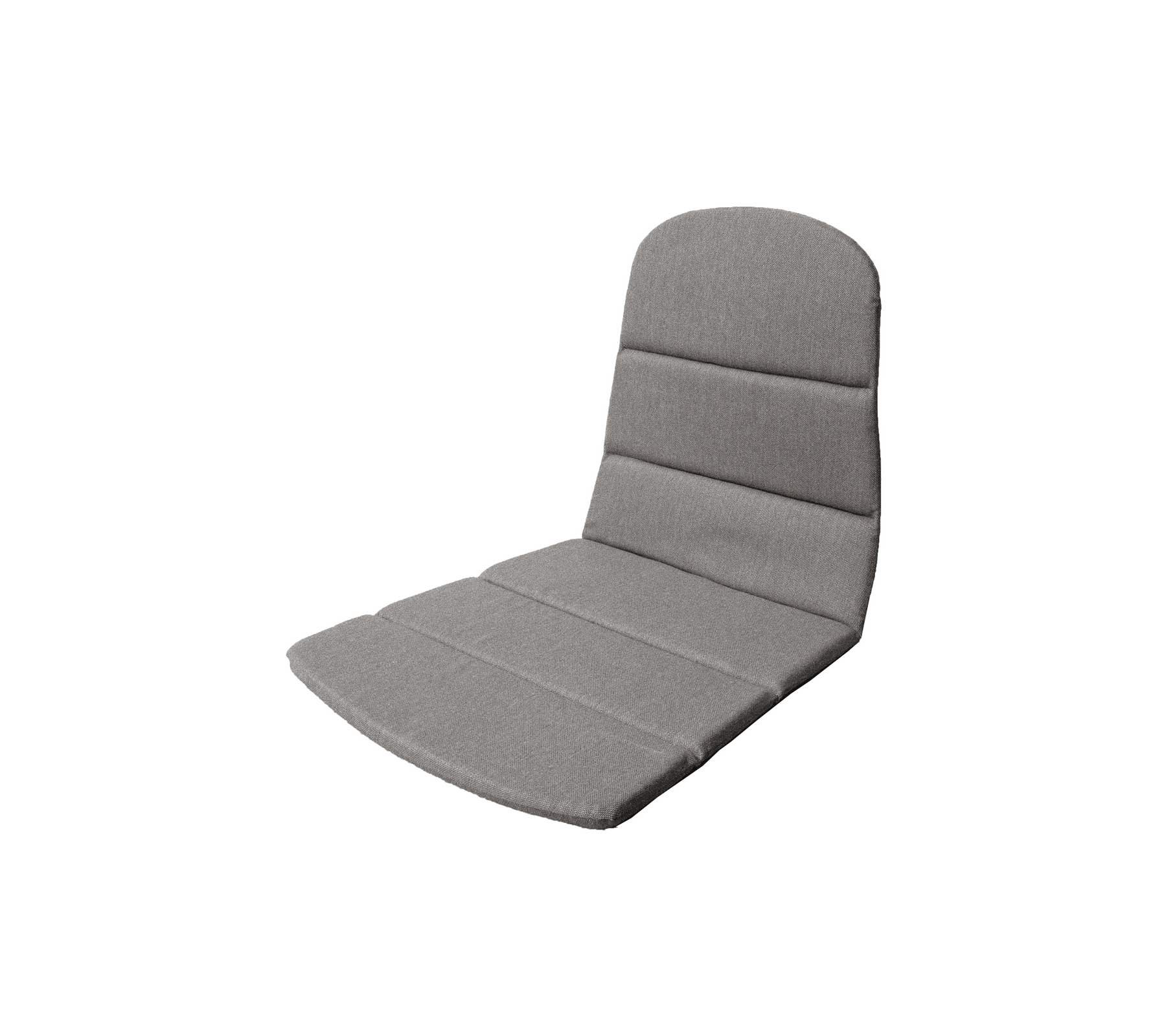 Asiento acolchado gris con un respaldo estructurado, con costuras horizontales para mayor comodidad y apoyo. Adecuado para diversos entornos.