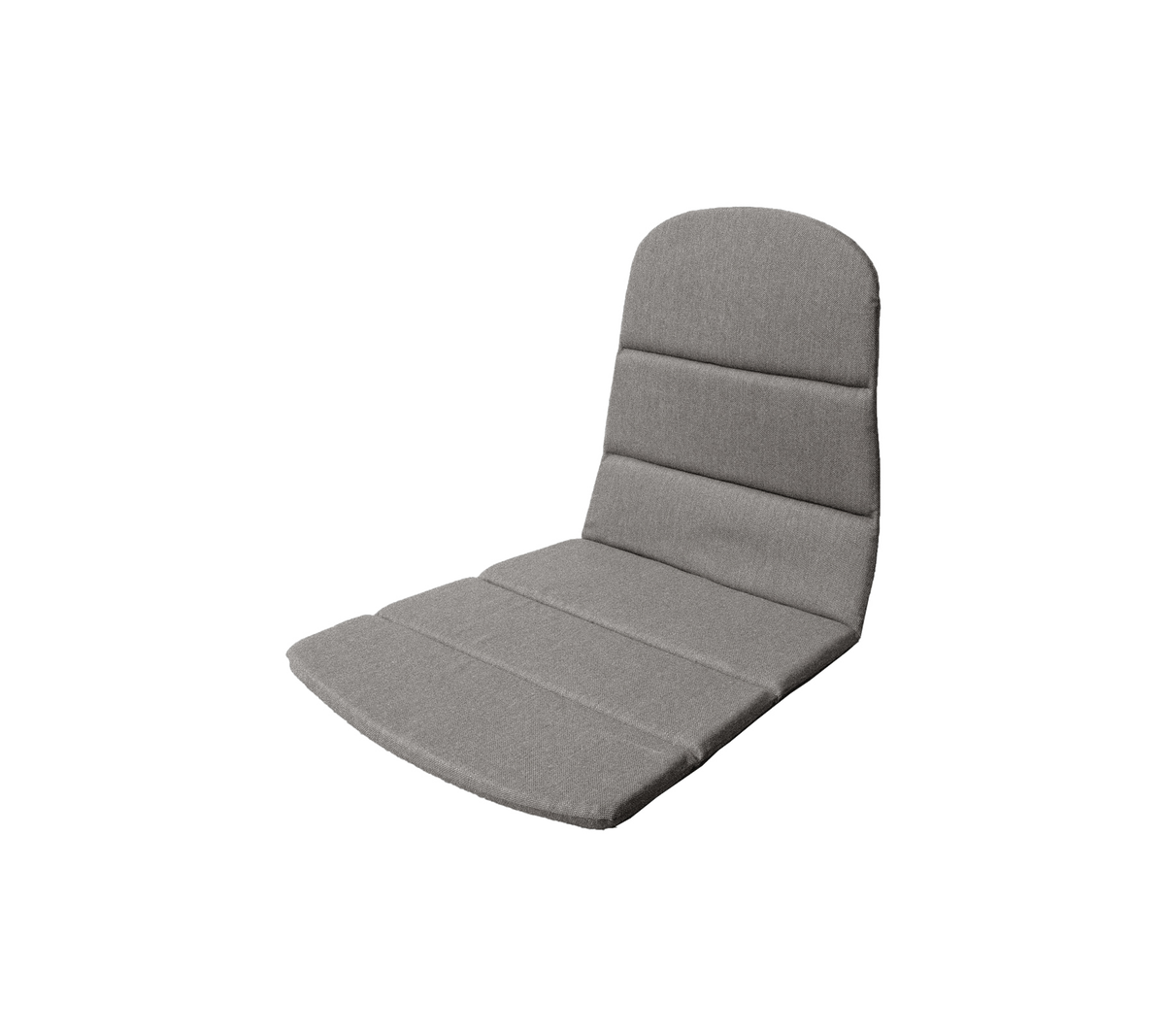 Asiento acolchado gris con un respaldo estructurado, con costuras horizontales para mayor comodidad y apoyo. Adecuado para diversos entornos.