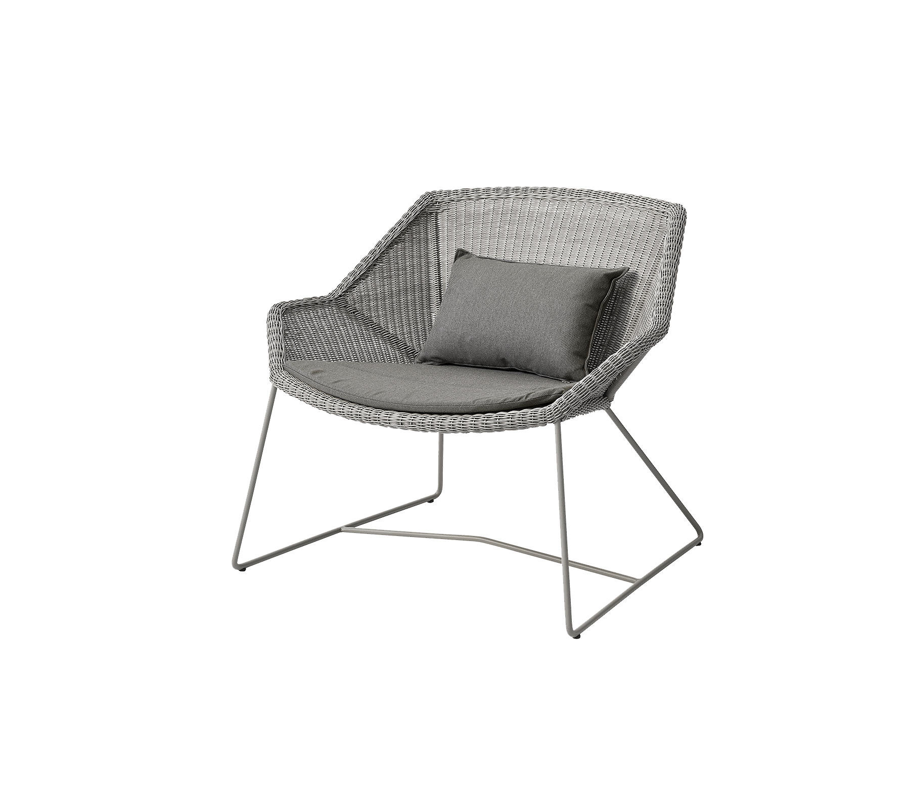 Silla elegante con un diseño tejido en gris y un cómodo cojín gris, con patas de metal delgadas para un atractivo moderno.