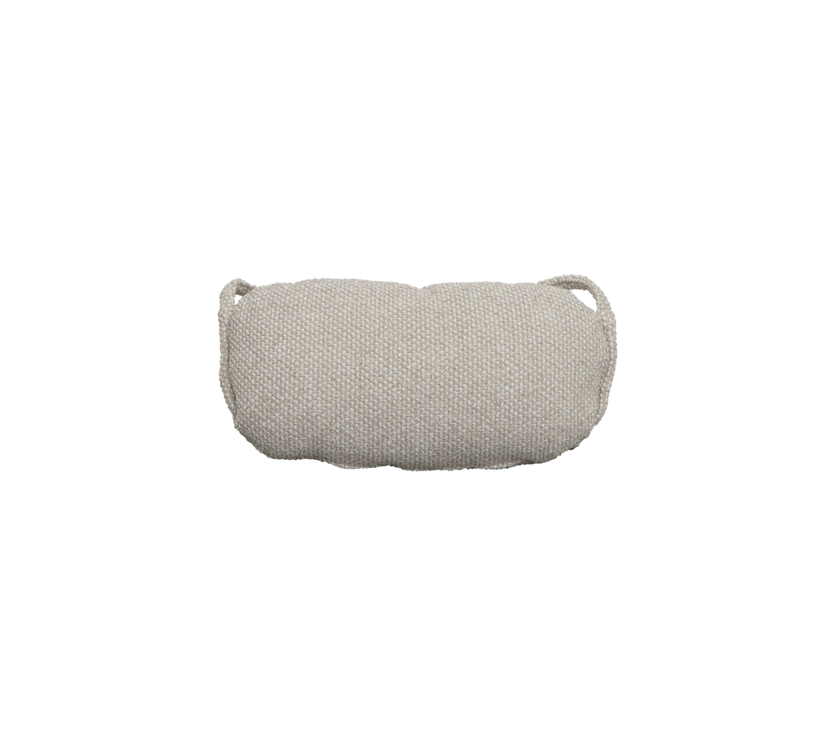 Bolsa de tela cilíndrica gris claro con dos asas pequeñas, adecuada para almacenamiento o viaje.