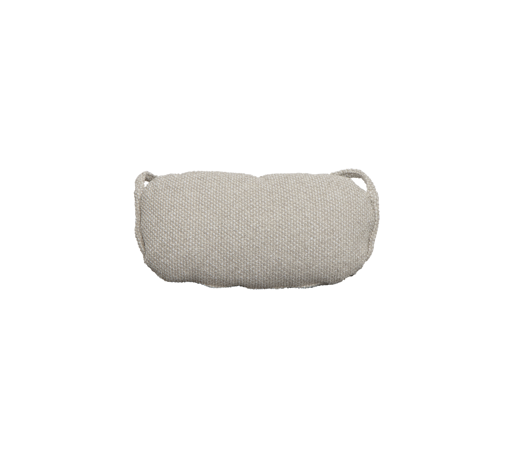 Bolsa de tela cilíndrica gris claro con dos asas pequeñas, adecuada para almacenamiento o viaje.