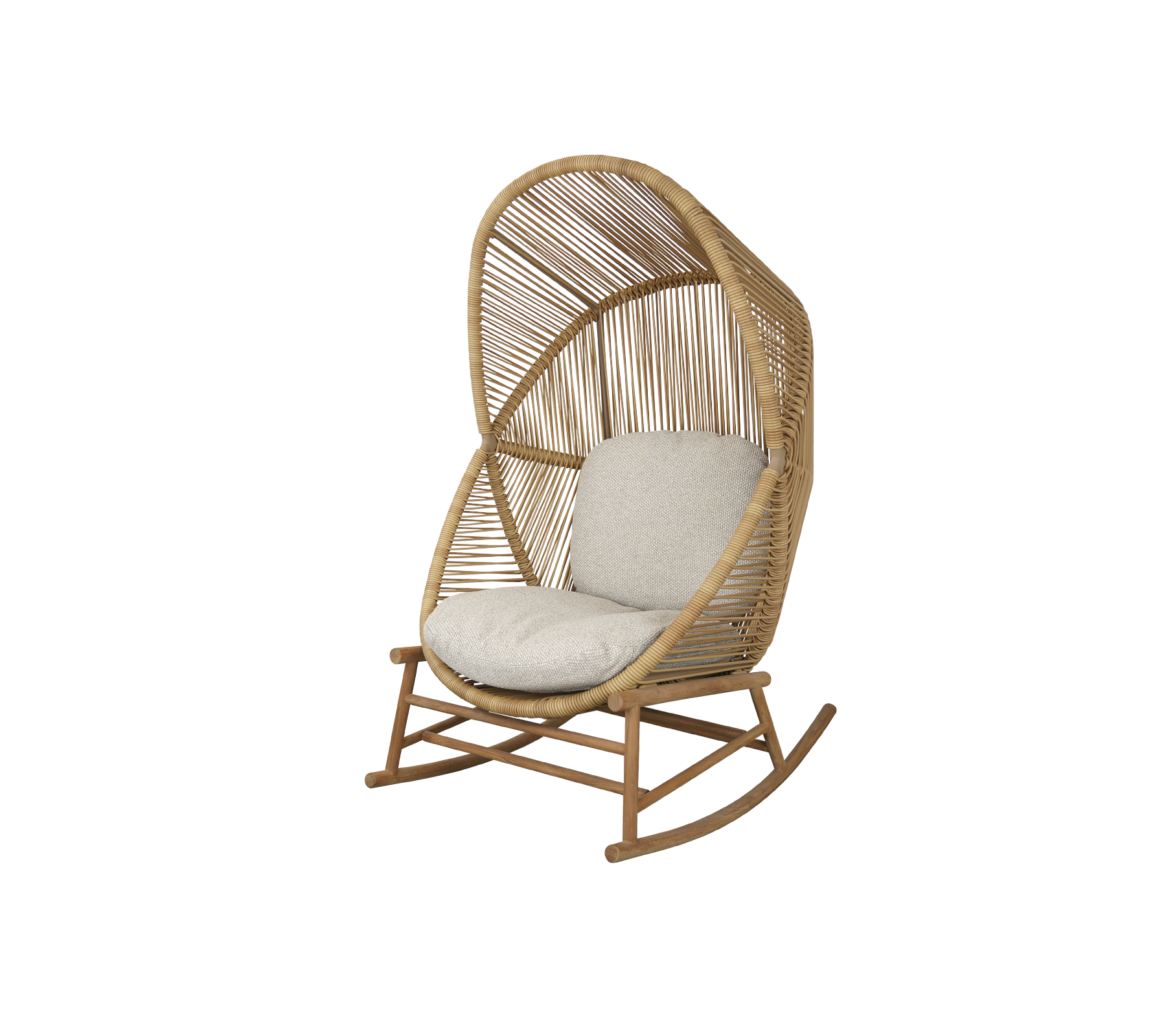 Una silla mecedora elegante con un diseño tejido y un suave cojín, perfecta para una relajación acogedora.