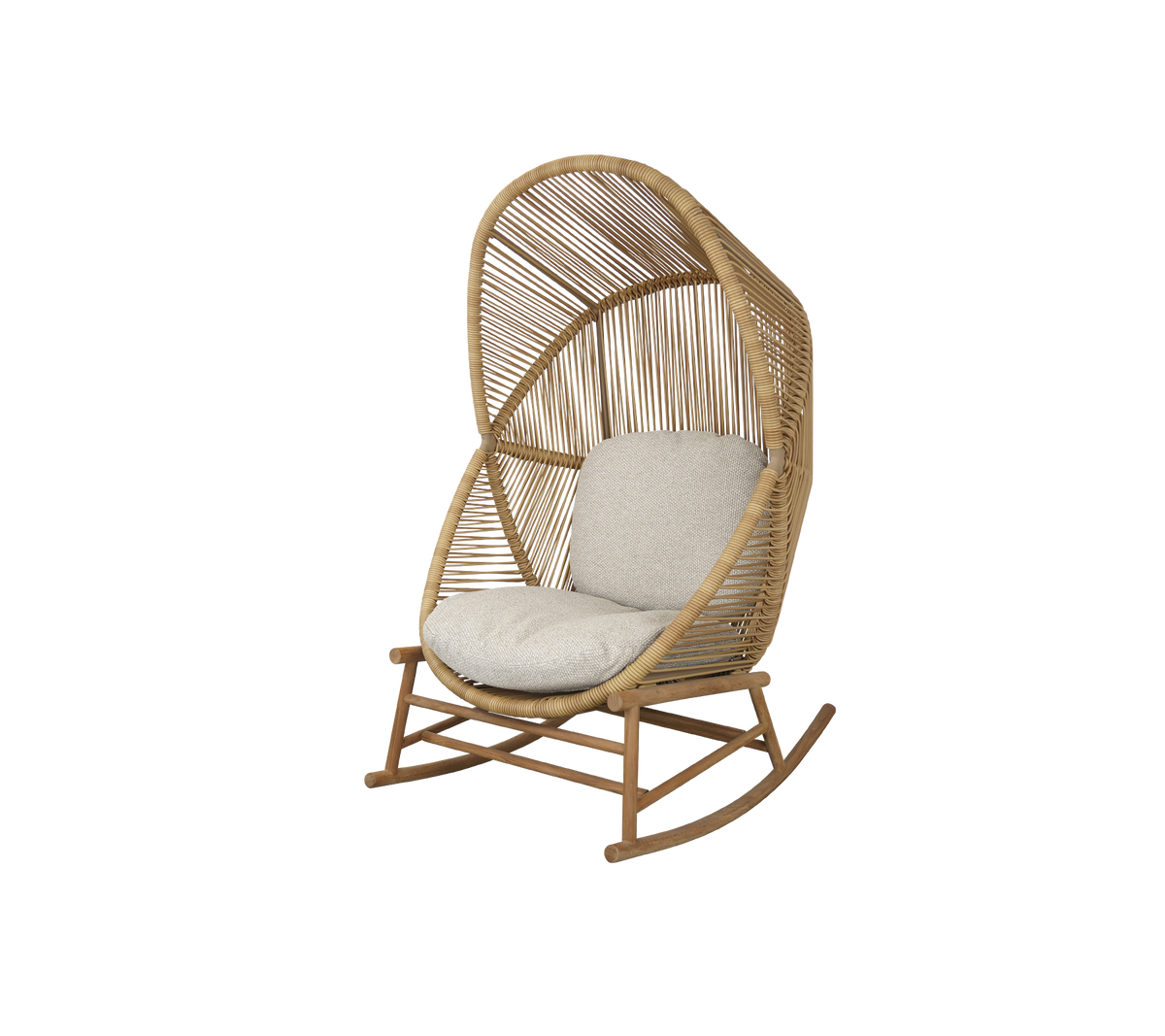 Una silla mecedora elegante con un diseño tejido y un suave cojín, perfecta para una relajación acogedora.