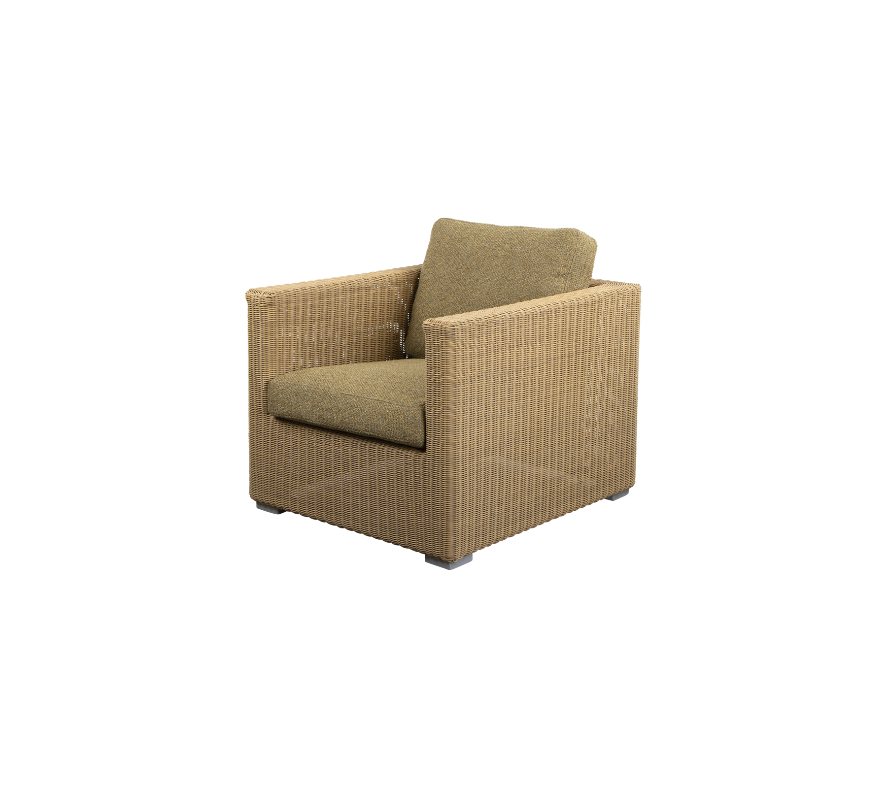 Una silla cómoda y moderna con una textura tejida y un suave cojín verde, perfecta para relajarse y con estilo.